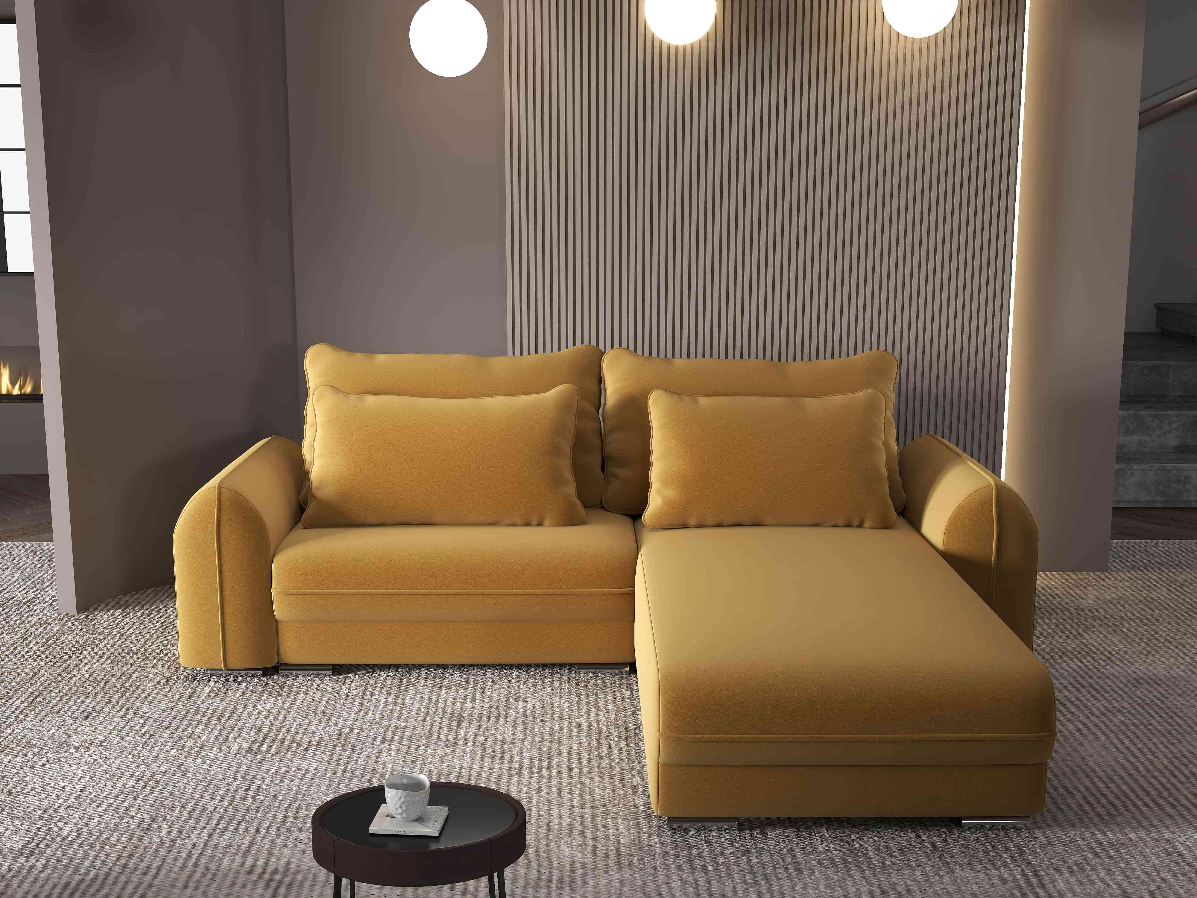 Colțar extensibil dumonde cu ladă de depozitare si sezut confortabil din spuma HR, Denver Royal Mustar 275x185 cm II Fabrica