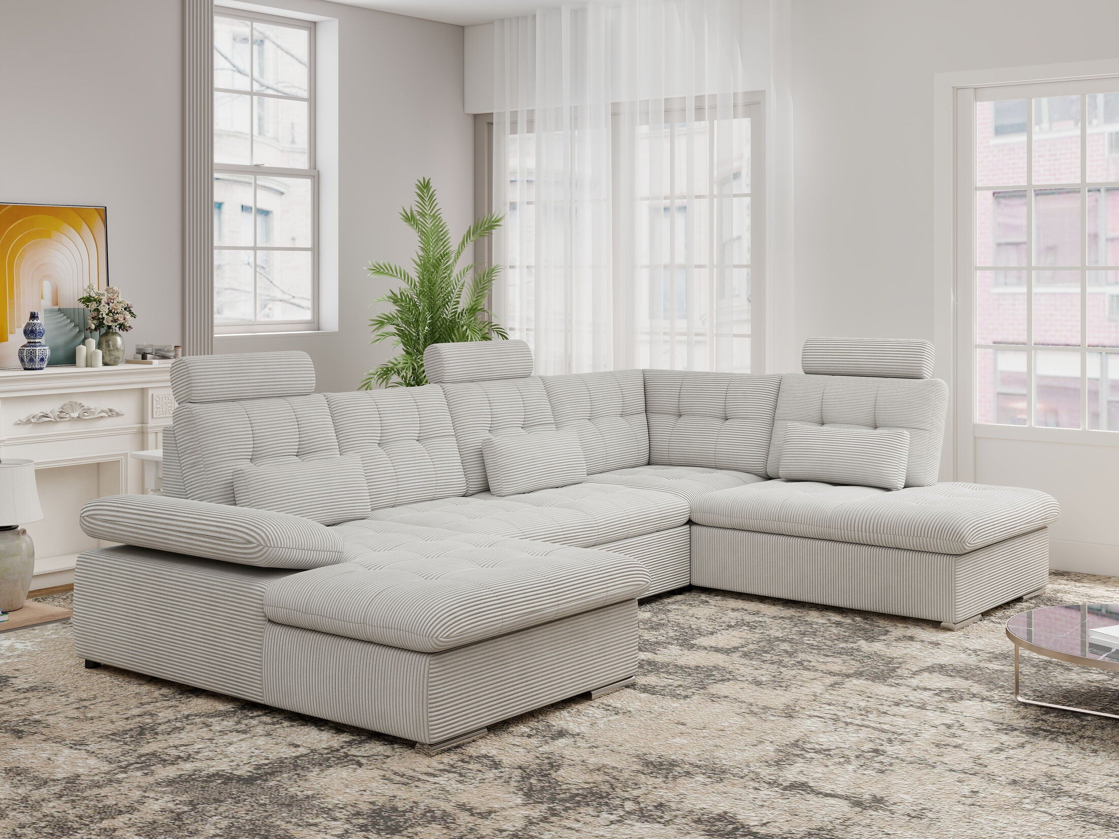 Colțar extensibil dumonde cu ladă de depozitare și șezut confortabil din spumă HR, Merkur U Zoom Gri 324x218 cm