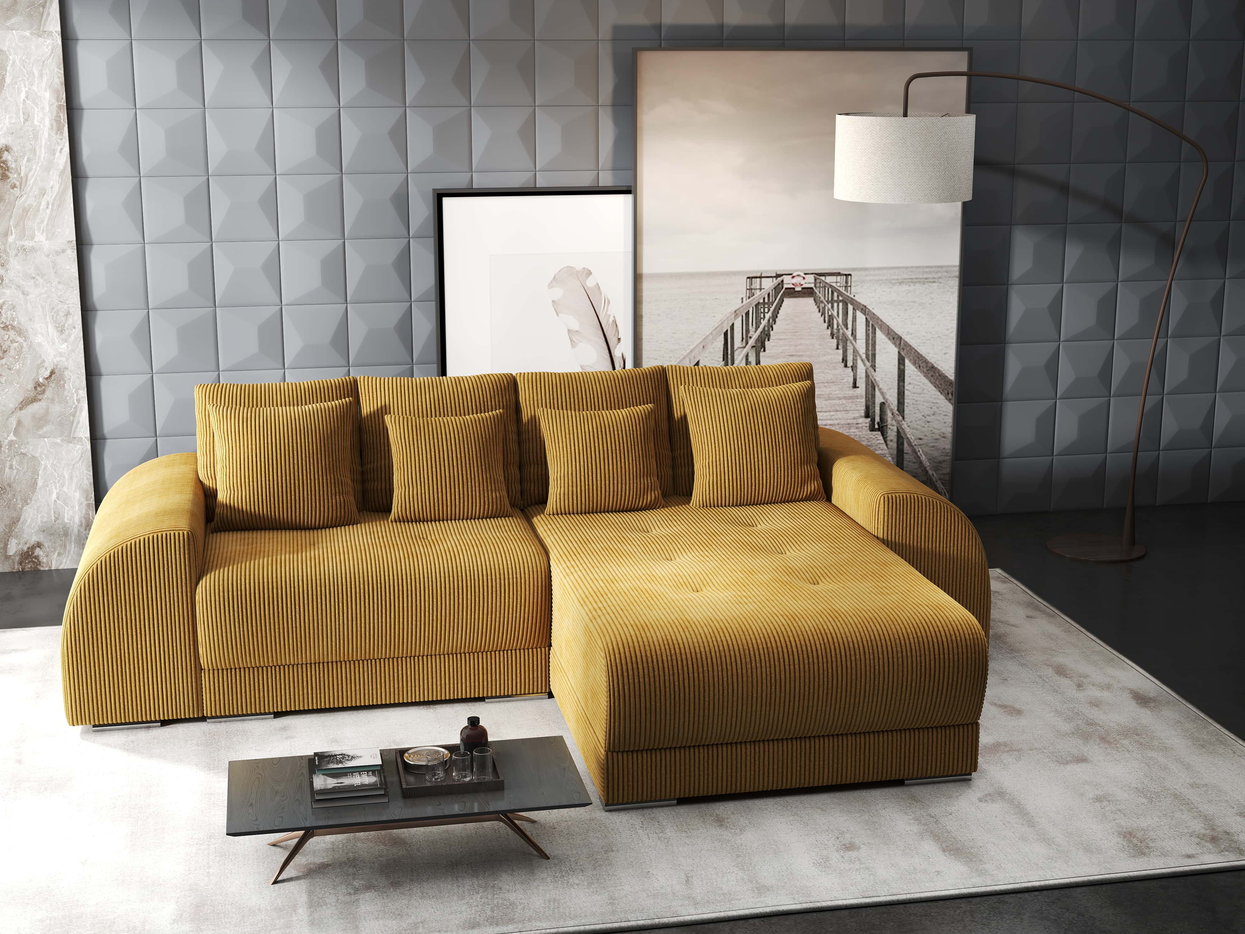 Colțar extensibil dumonde cu ladă de depozitare si sezut confortabil din spuma HR, Verona Zoom Mustar 290x185 cm Fabrica