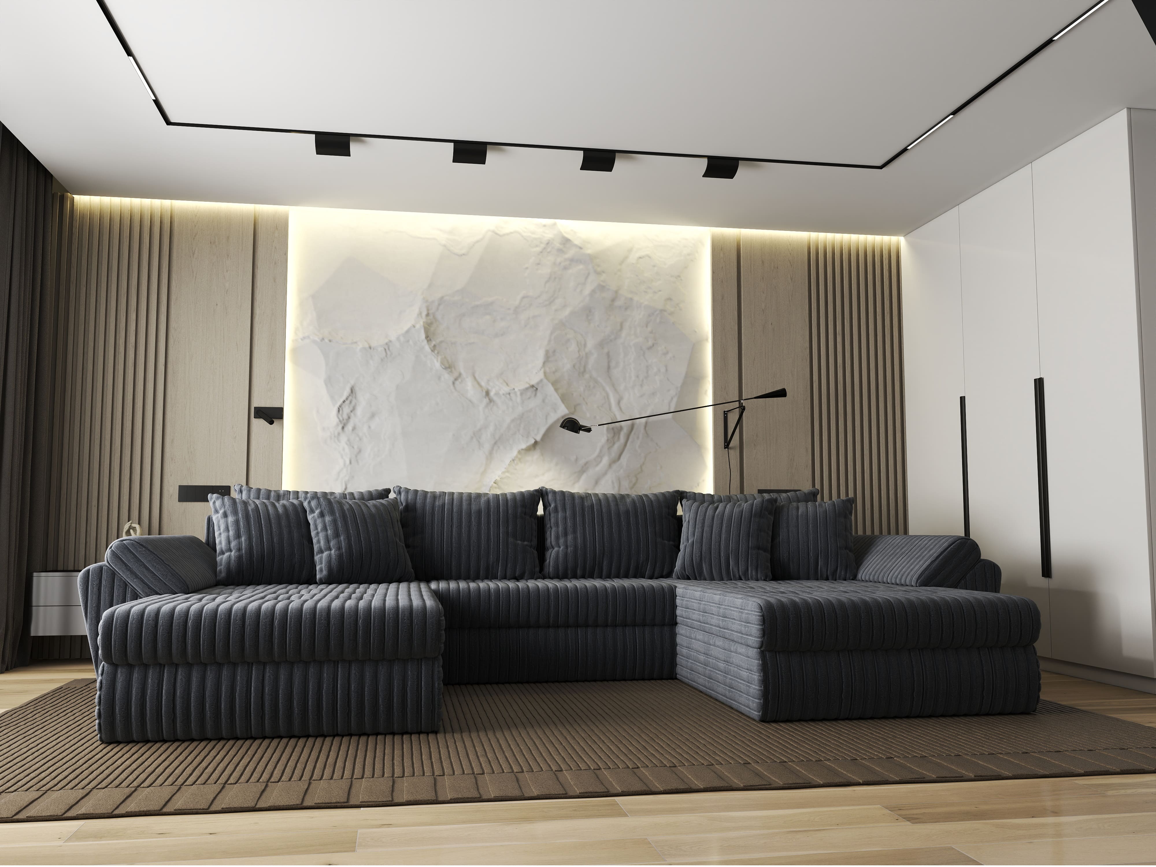 Colțar extensibil dumonde cu ladă de depozitare si sezut confortabil din spuma HR, Loana U Ambience Grey 355x185 cm Fabrica