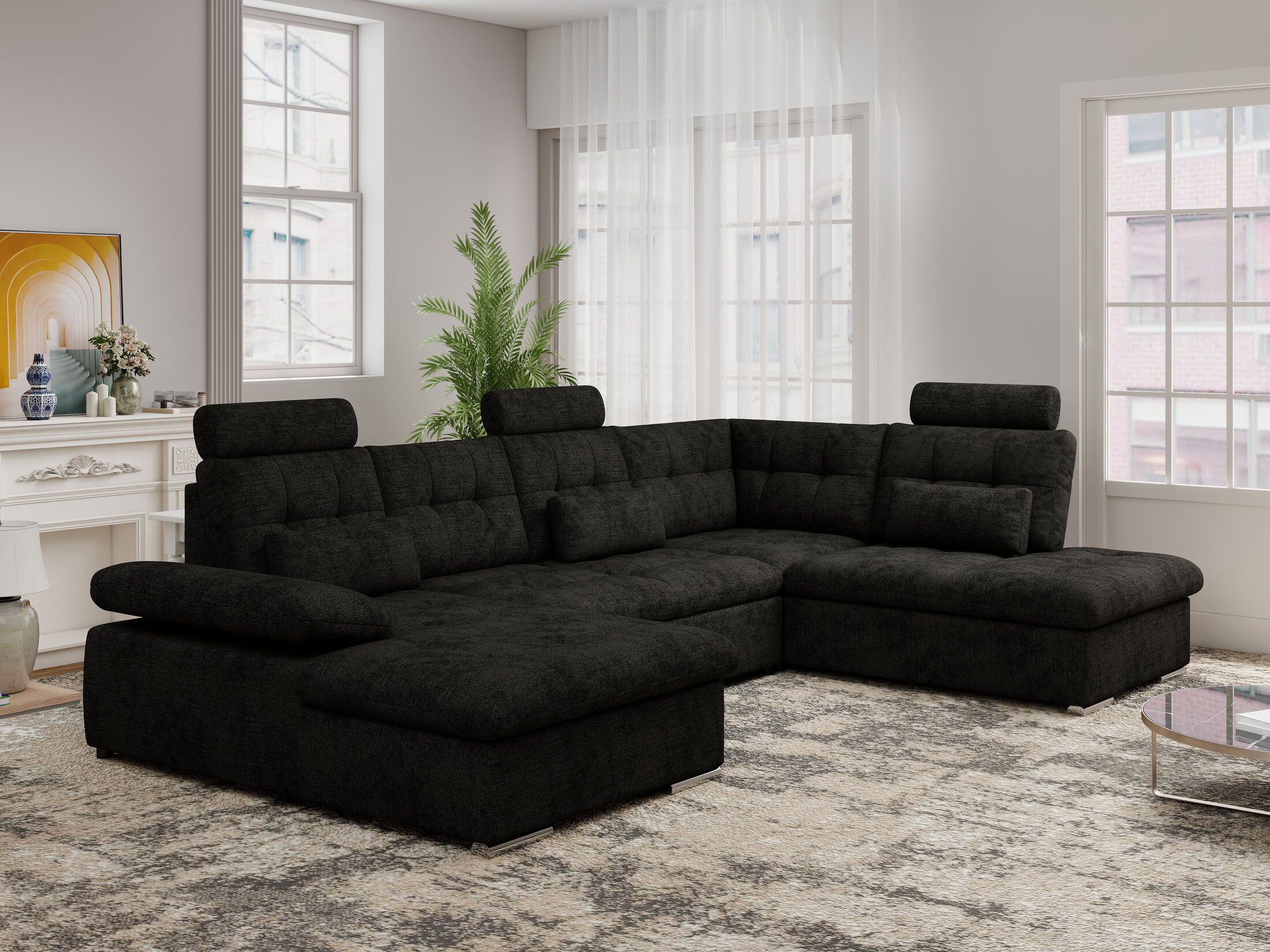 Colțar extensibil dumonde cu ladă de depozitare și șezut confortabil din spumă HR, Merkur U Enjoy Negru 324x218 cm