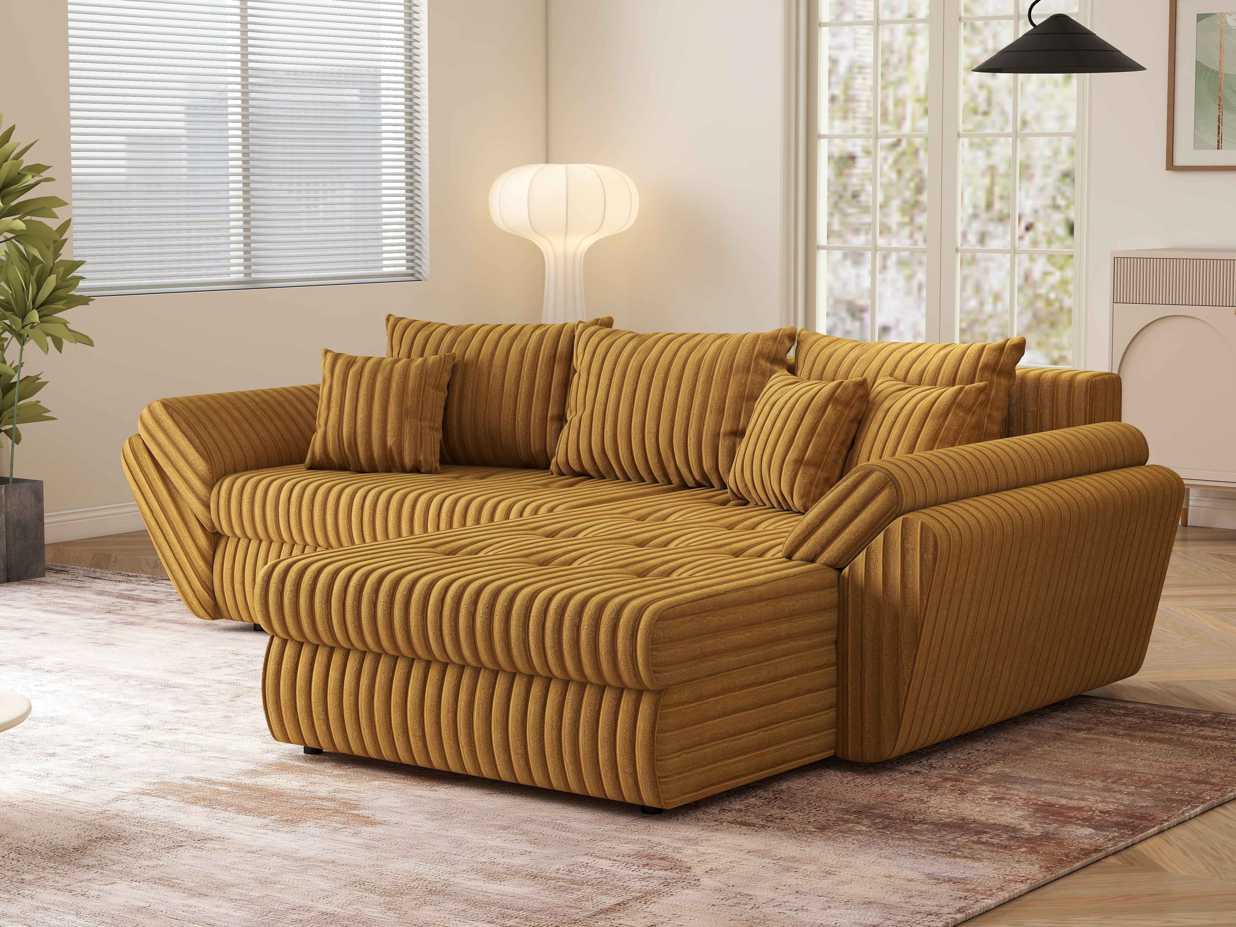 Colțar extensibil dumonde cu ladă de depozitare si sezut confortabil din spuma HR, Loana Ambience Mustar II 270x185 cm Fabrica