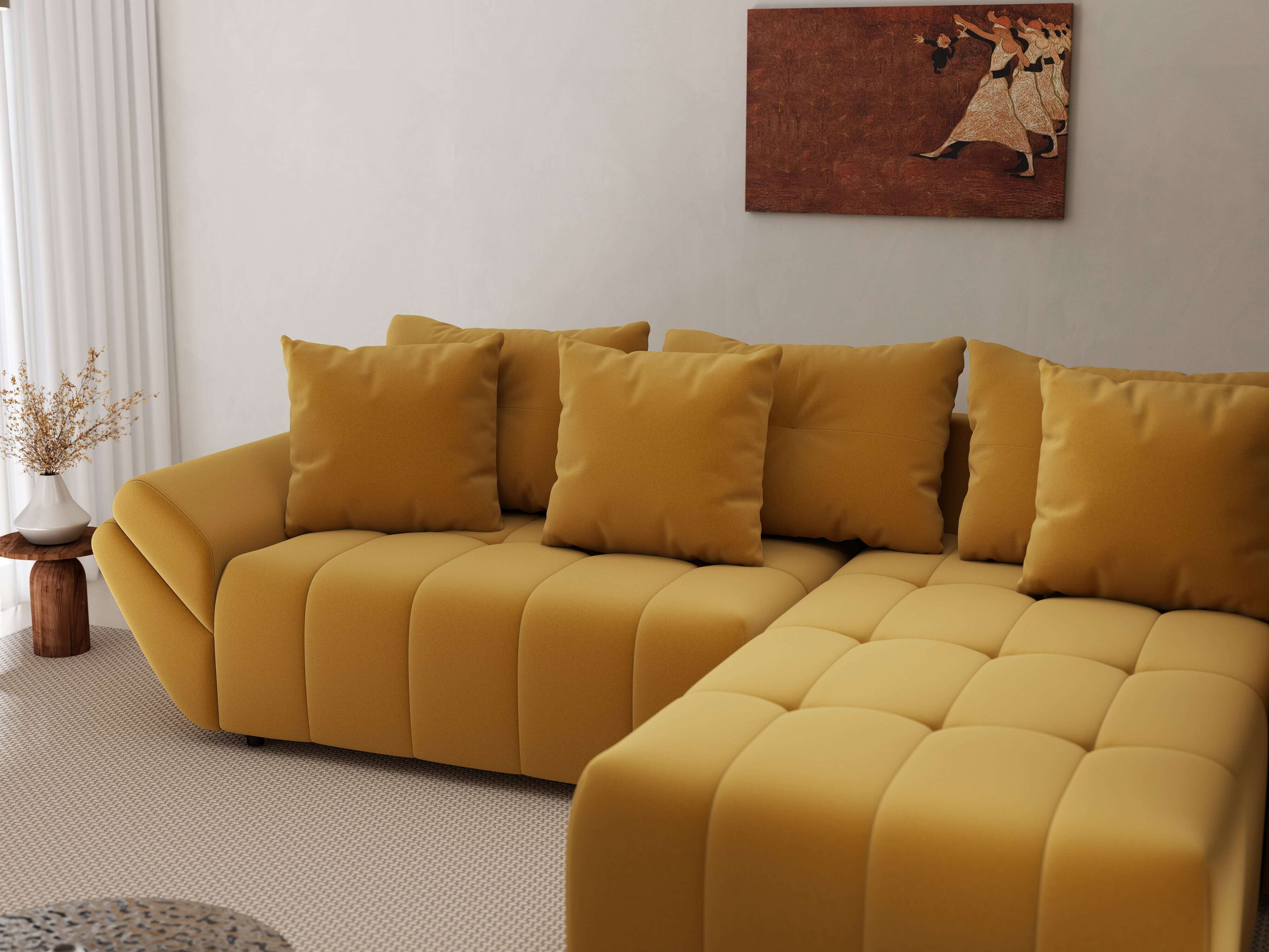 Colțar extensibil dumonde cu ladă de depozitare si sezut confortabil din spuma HR, Berlin Royal Mustar 280x185 cm II Fabrica