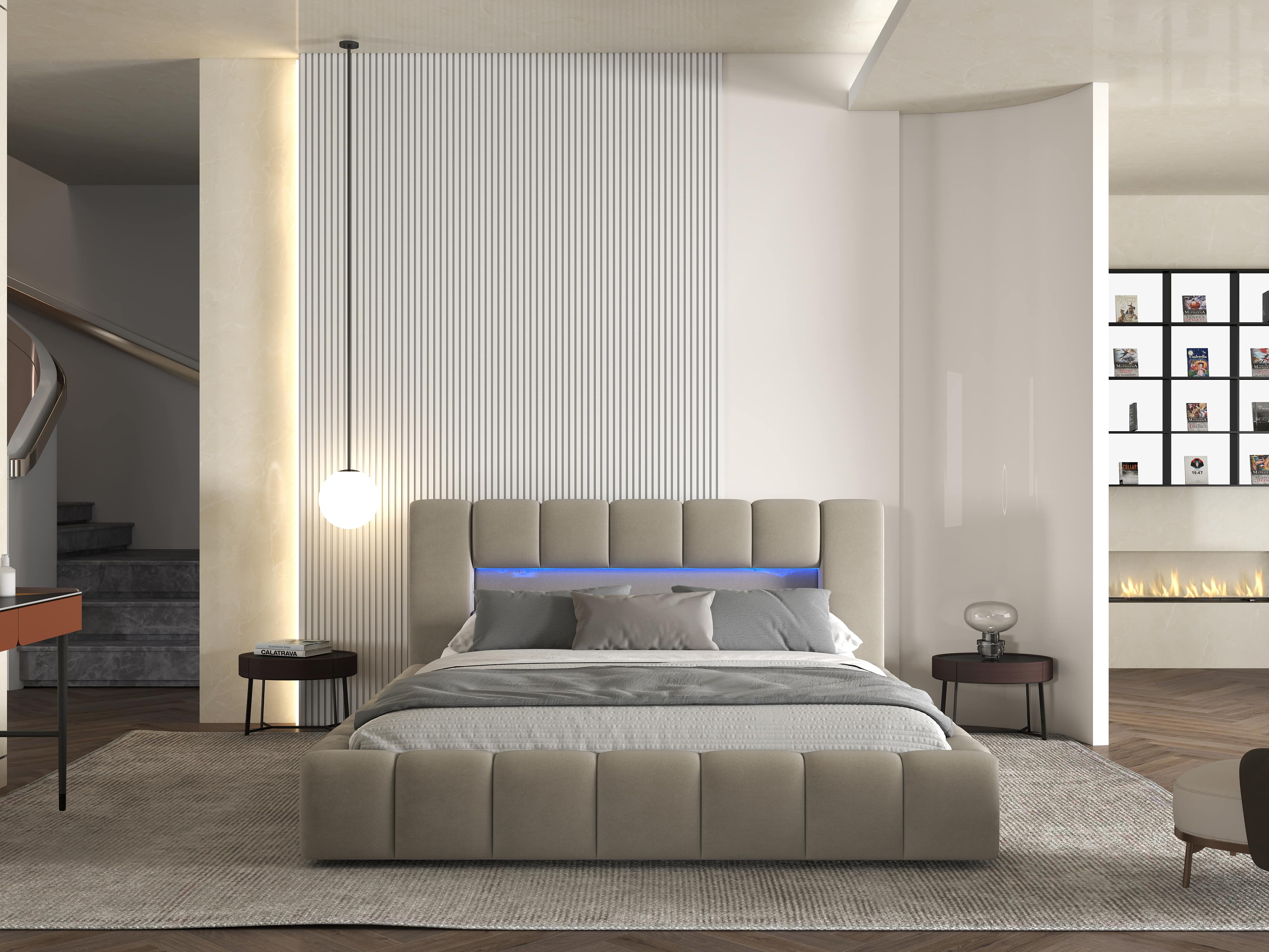 Pat dormitor dumonde, tapitat bej cu LED si USB, Palermo 180x200 cm, somiera rabatabila inclusa, spatiu depozitare WLS