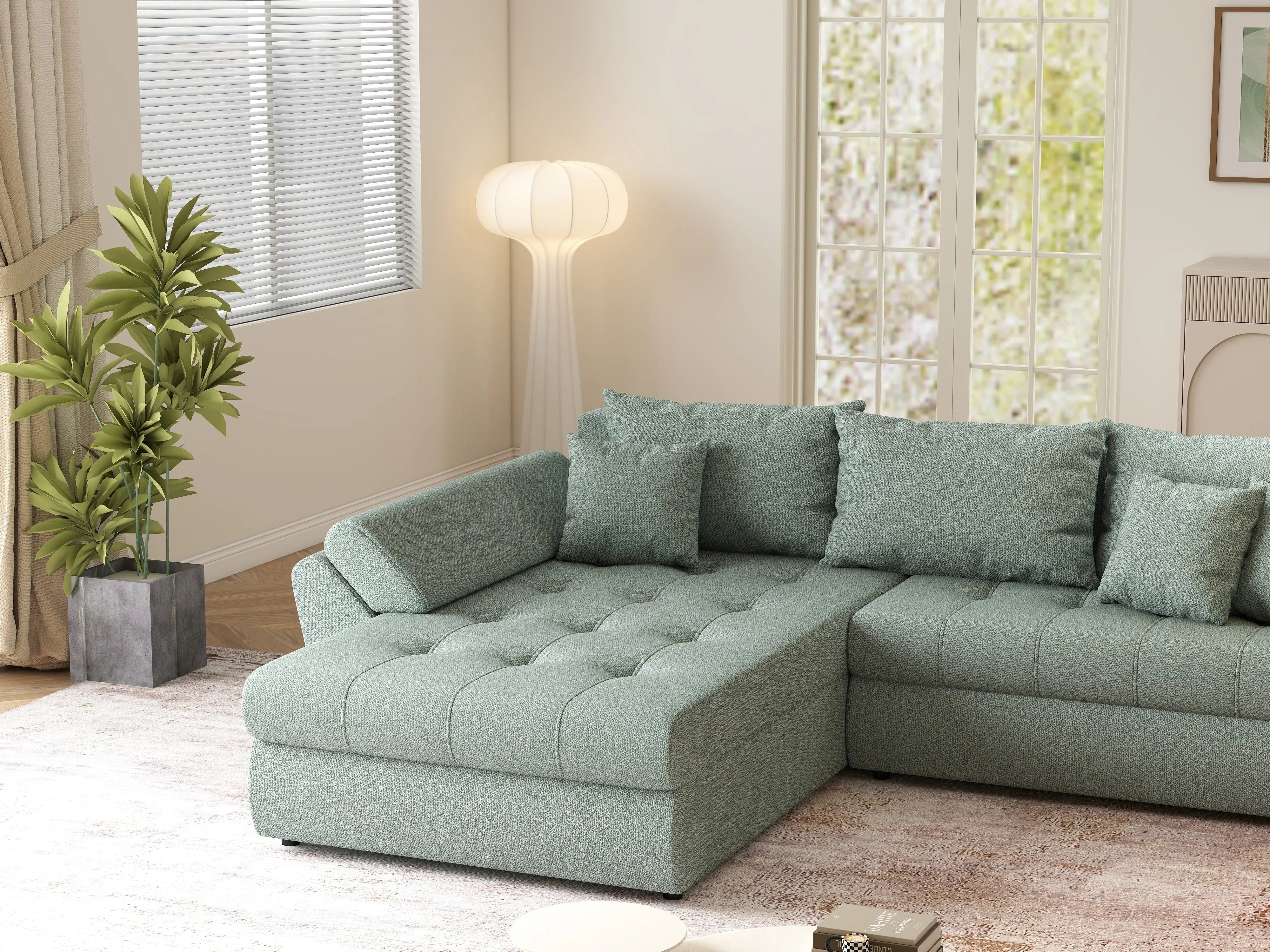 Colțar extensibil dumonde cu ladă de depozitare si sezut confortabil din spuma HR, Loana Mint 270x185 cm Fabrica