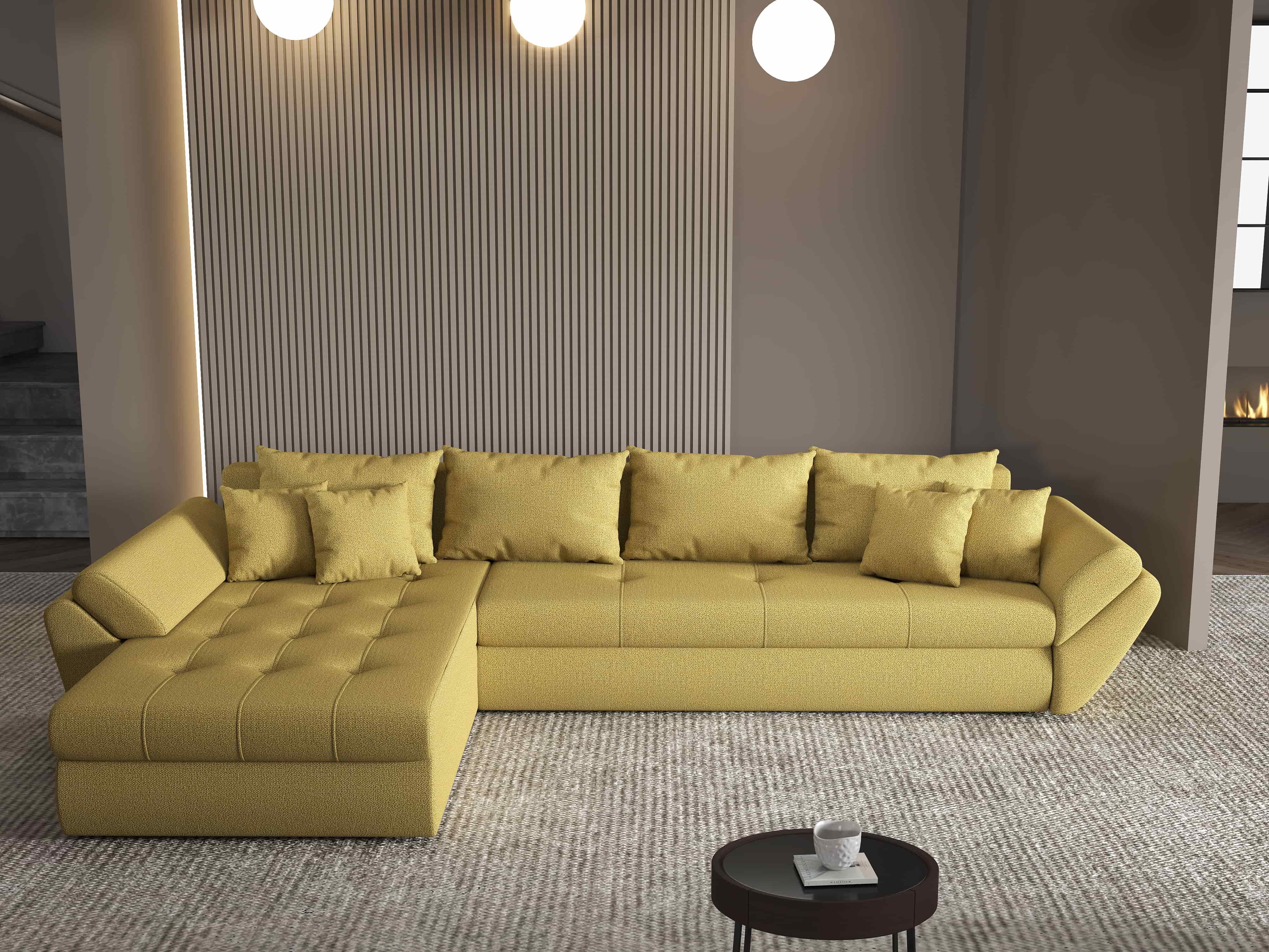 Colțar extensibil dumonde cu ladă de depozitare si sezut confortabil din spuma HR, Loana XL Enjoy Melon 335x185 cm Fabrica