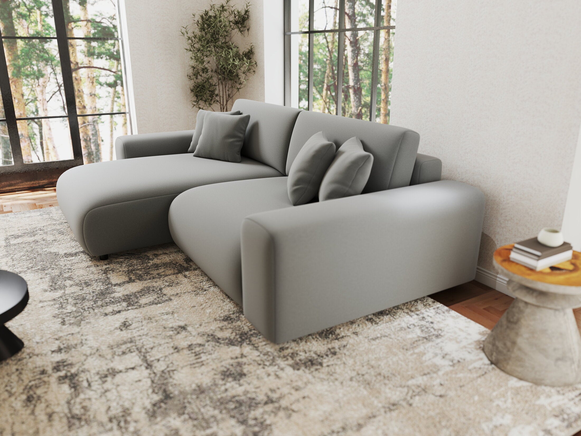 Colțar extensibil dumonde cu ladă de depozitare si sezut confortabil din spuma HR, Sarina Royal Gri 255x168 cm