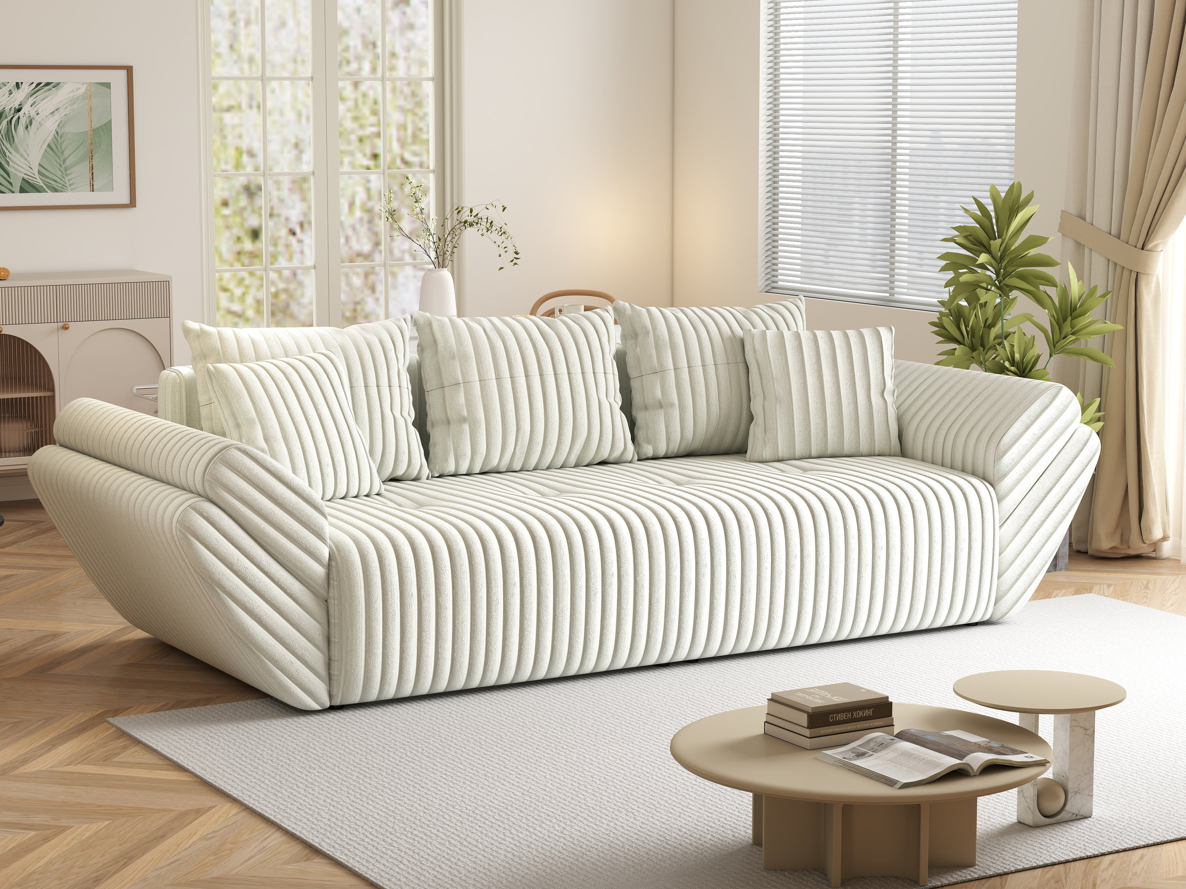 Canapea extensibilă dumonde cu ladă de depozitare si sezut confortabil din spuma HR, Berlin Ambience Ivory 250x100 cm Fabrica