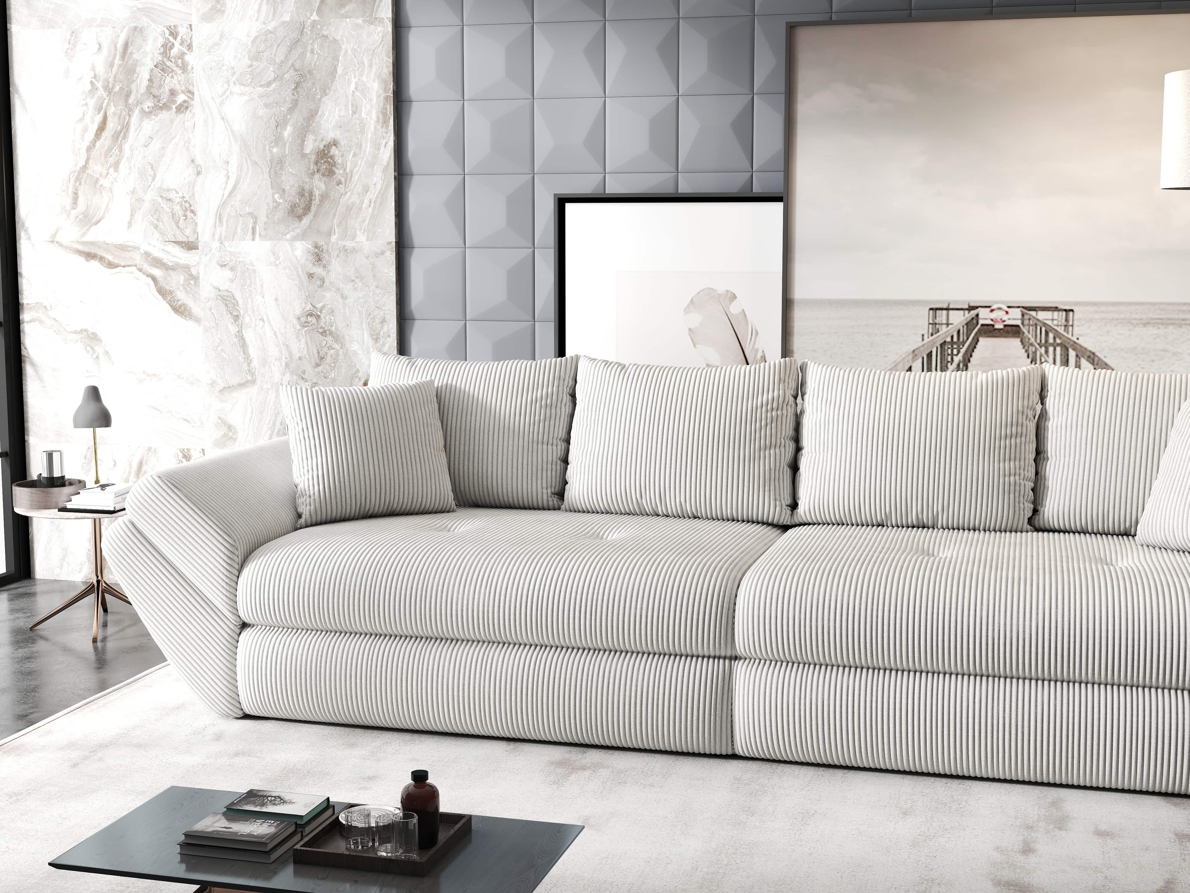 Canapea extensibilă dumonde cu ladă de depozitare si sezut confortabil din spuma HR, Loana Zoom Cream 300x100 cm Fabrica