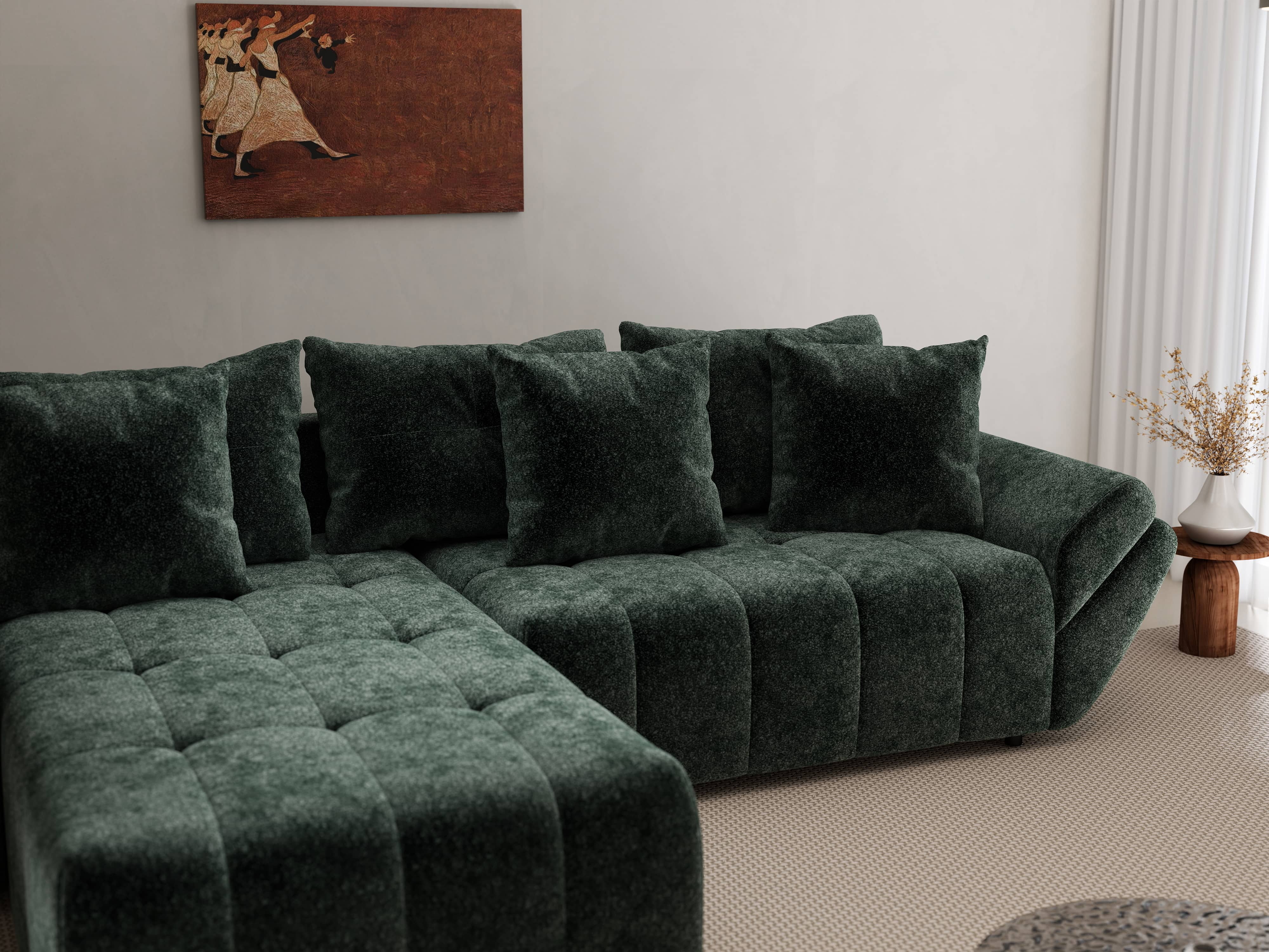 Colțar extensibil dumonde cu ladă de depozitare si sezut confortabil din spuma HR, Berlin Euphoria Verde 280x185 cm Fabrica