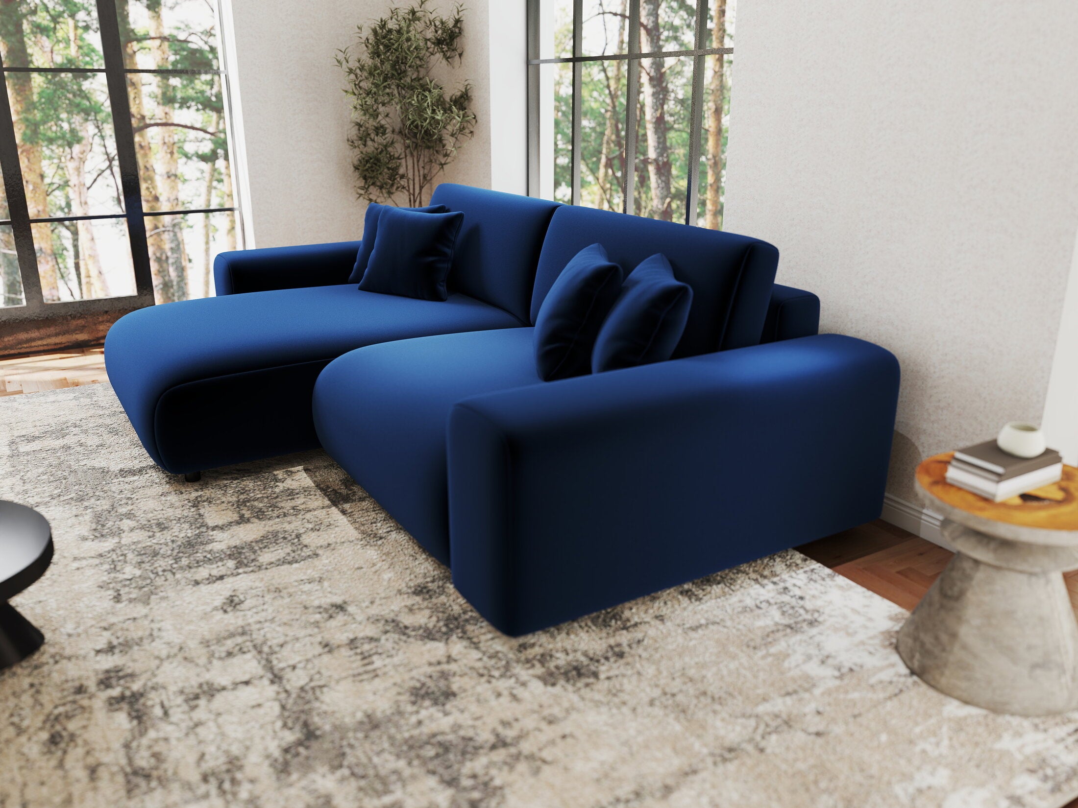 Colțar extensibil dumonde cu ladă de depozitare si sezut confortabil din spuma HR, Sarina Royal Albastru Navy 255x168 cm