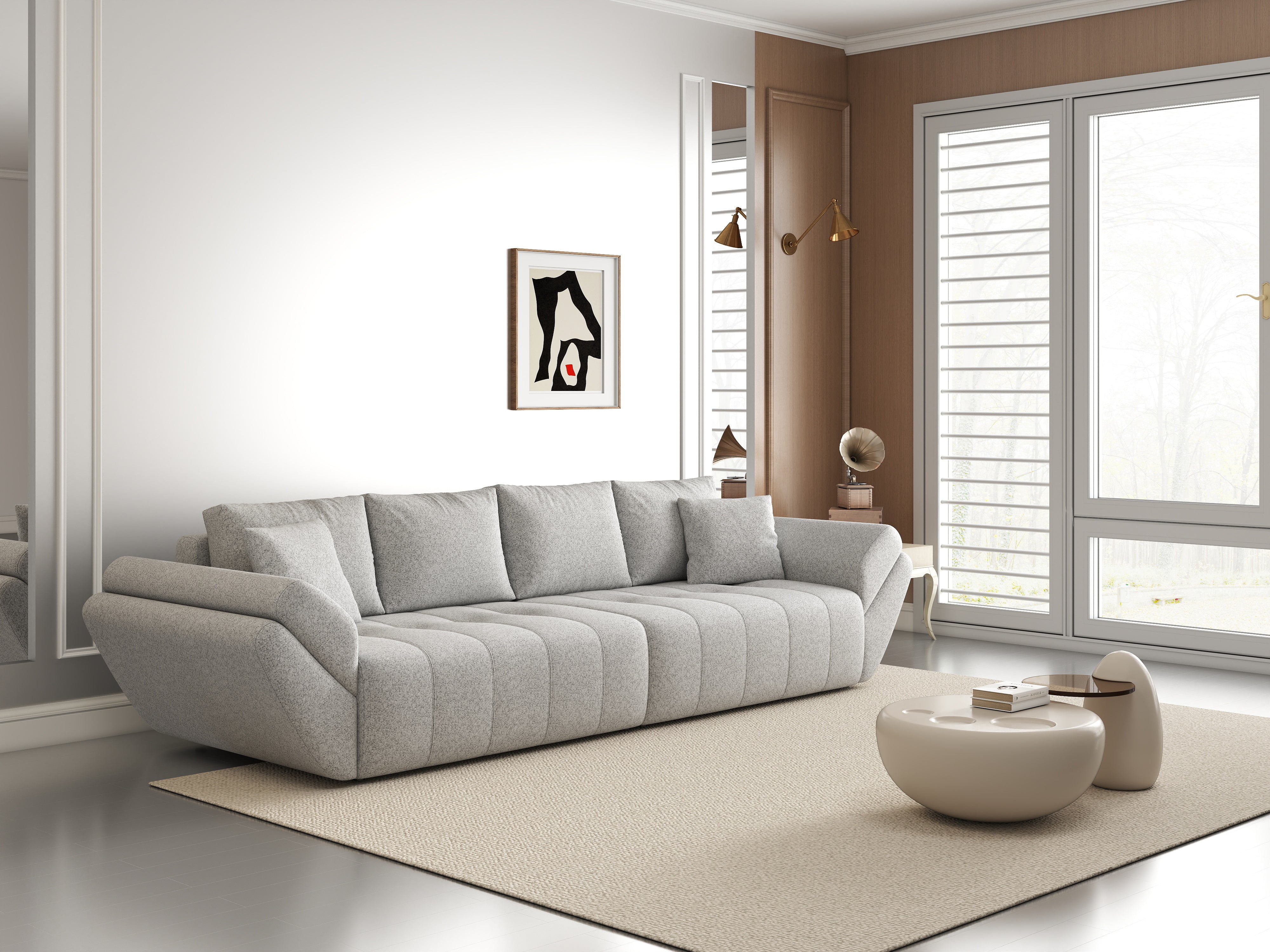 Canapea extensibilă dumonde cu ladă de depozitare si sezut confortabil din spuma HR, Berlin Euphoria Dove 300x100 cm Fabrica