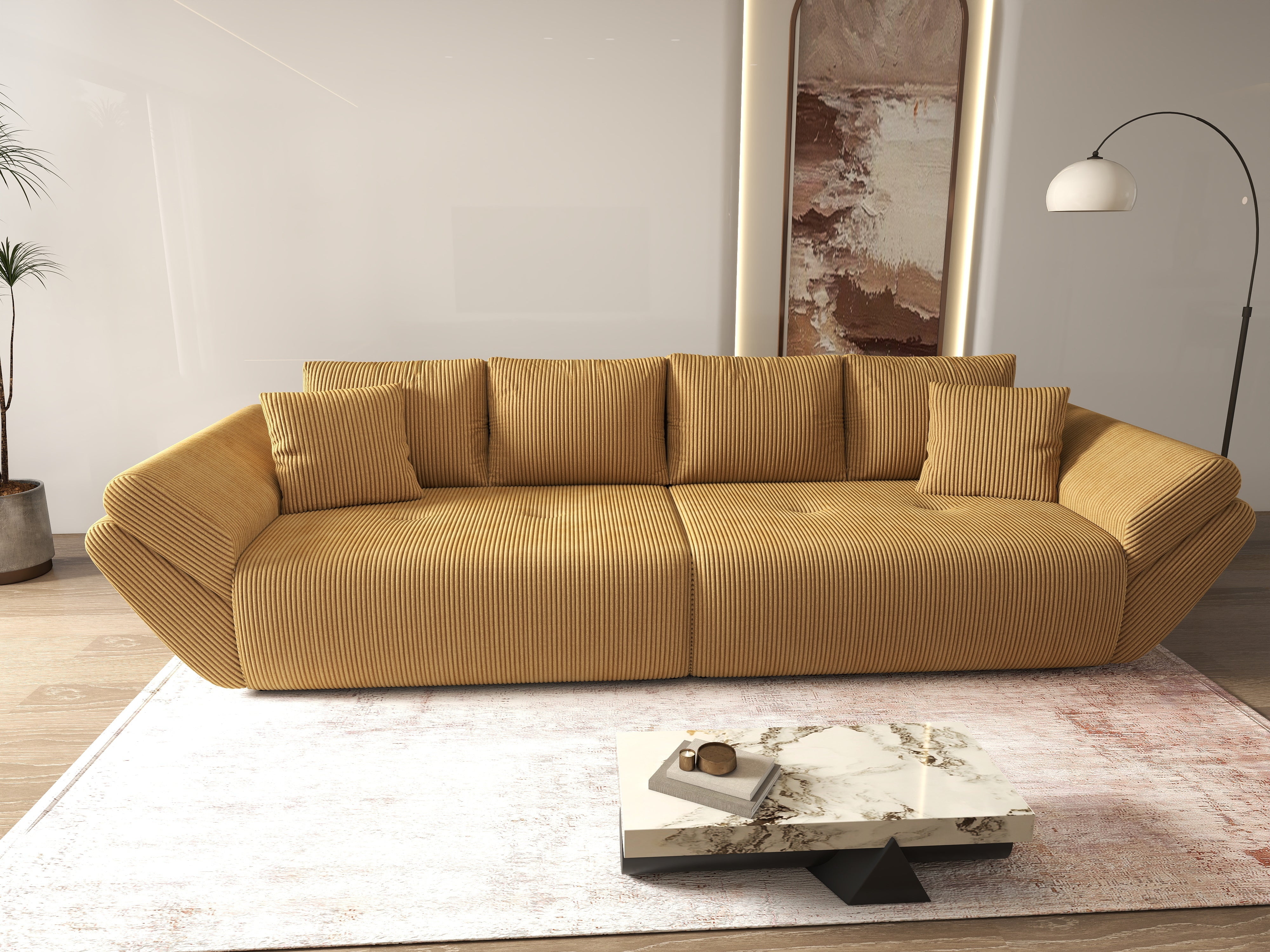 Canapea extensibilă dumonde cu ladă de depozitare si sezut confortabil din spuma HR, Berlin Zoom Mustar 300x100 cm Fabrica