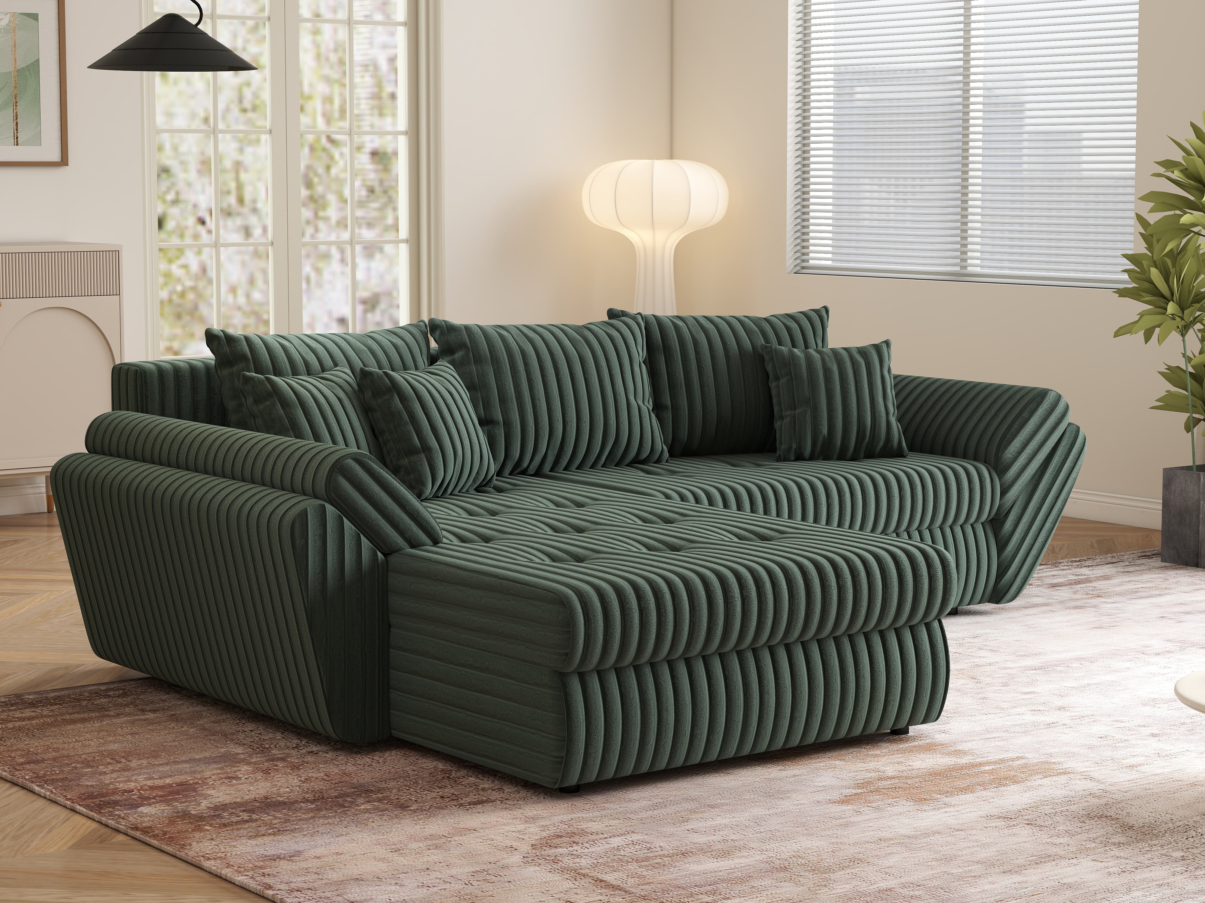 Colțar extensibil dumonde cu ladă de depozitare si sezut confortabil din spuma HR, Loana Ambience Green 270x185 cm Fabrica
