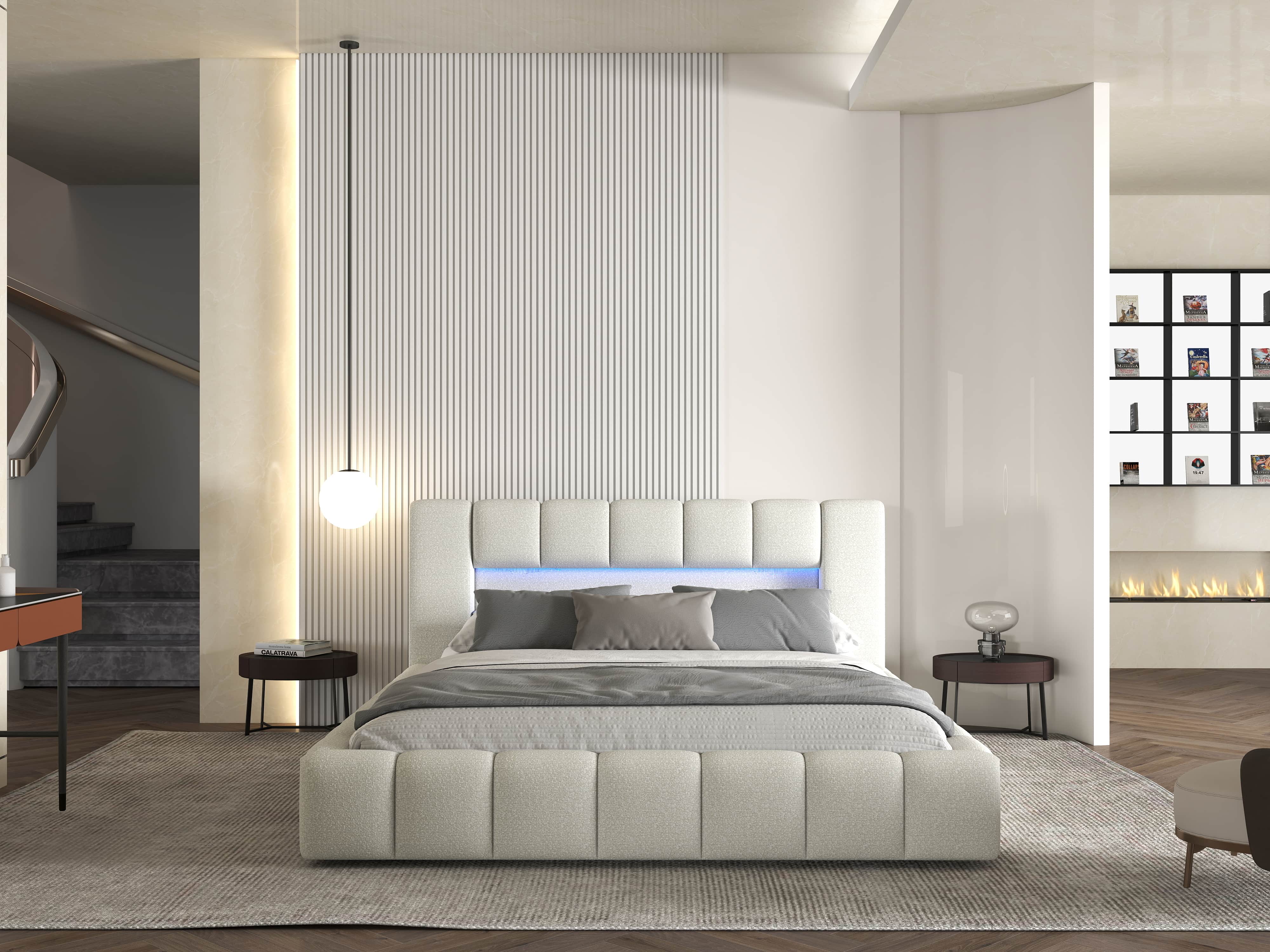 Pat dormitor dumonde, tapitat bej cu LED si USB, Palermo 160x200 cm, somiera rabatabila inclusa, spatiu depozitare WLS