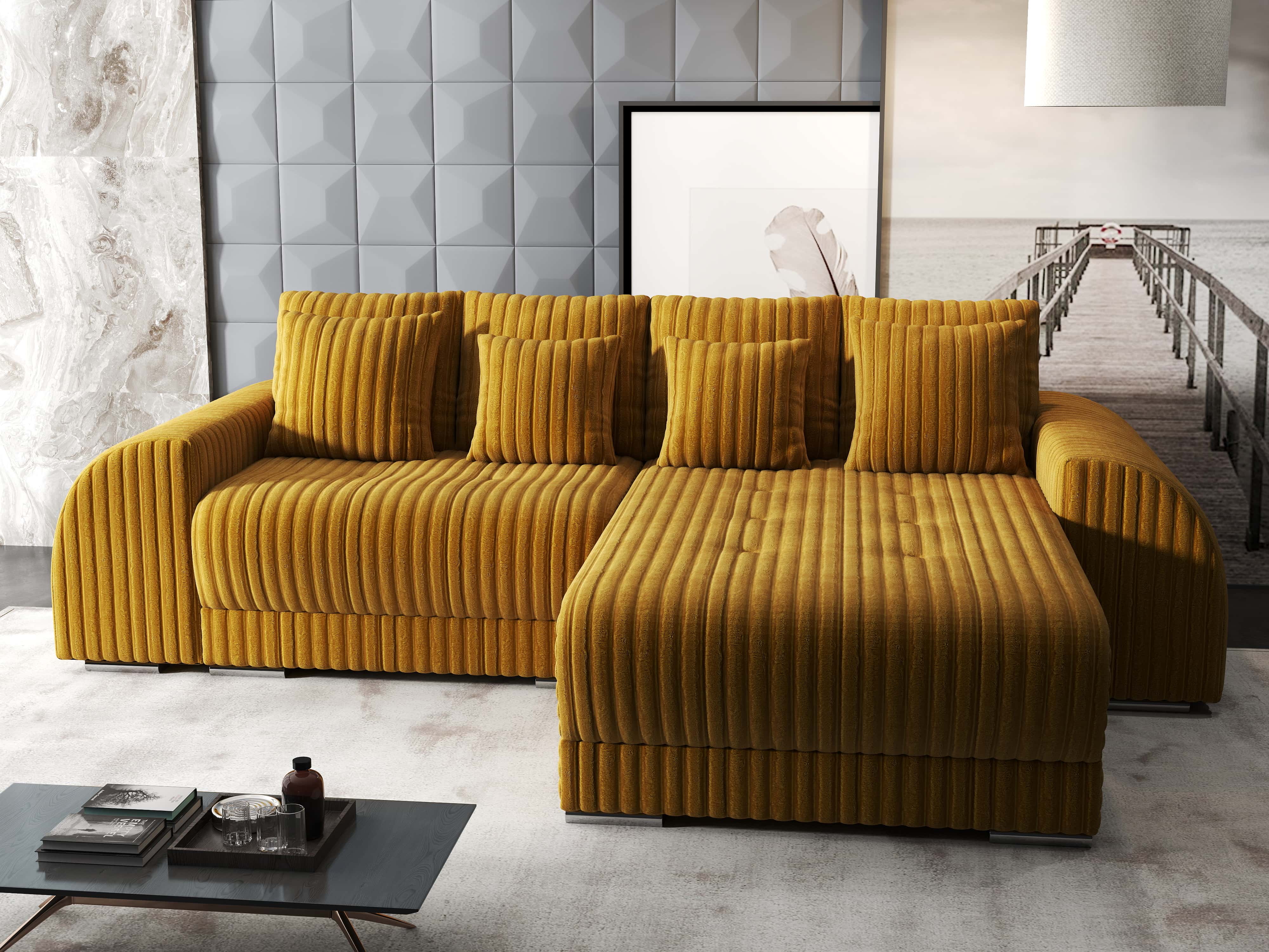 Colțar extensibil dumonde cu ladă de depozitare si sezut confortabil din spuma HR, Verona Ambience Mustar II 290x185 cm Fabrica