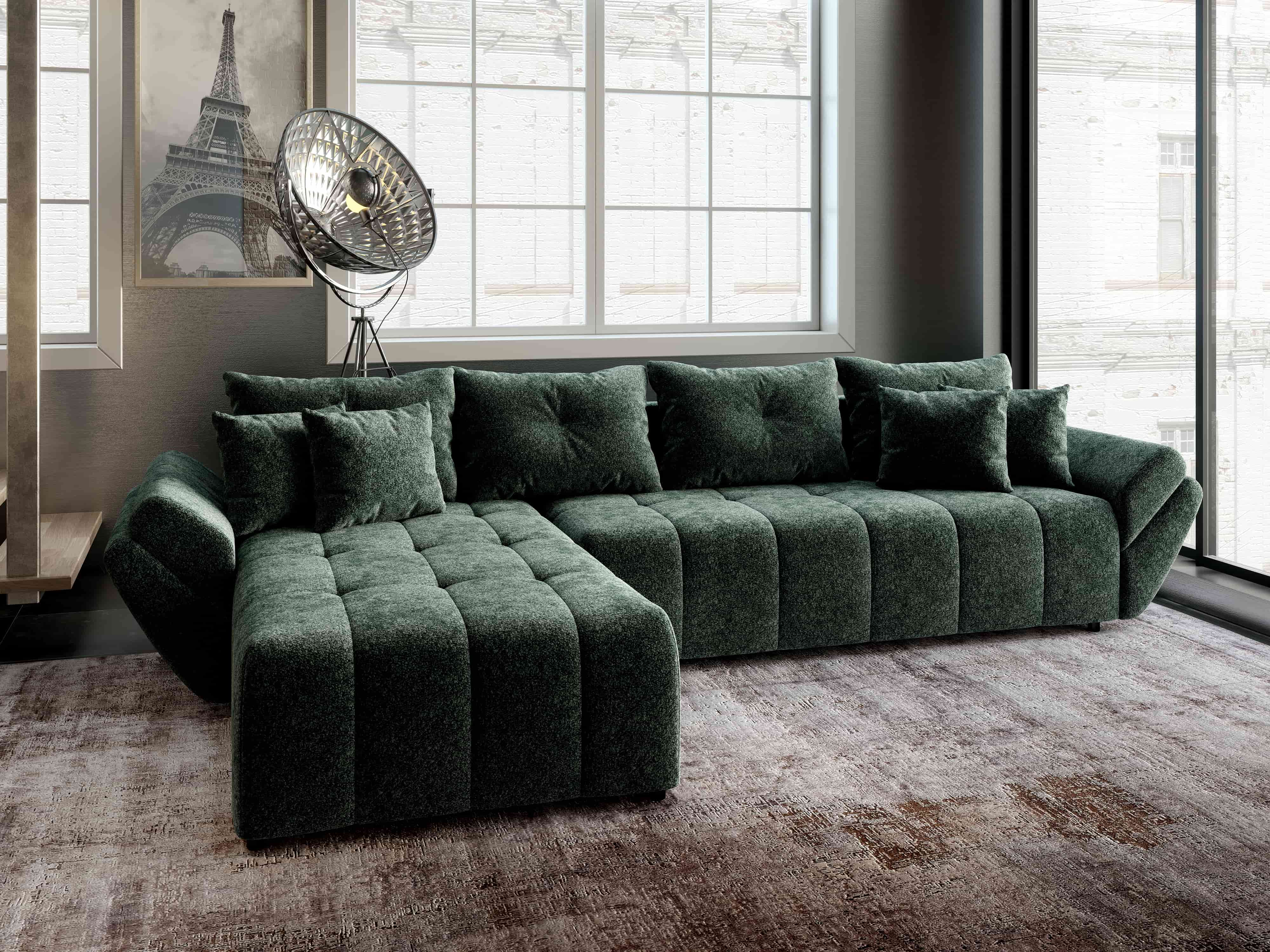 Colțar extensibil dumonde cu ladă de depozitare si sezut confortabil din spuma HR, Berlin XL Euphoria Green 350x185 cm Fabrica