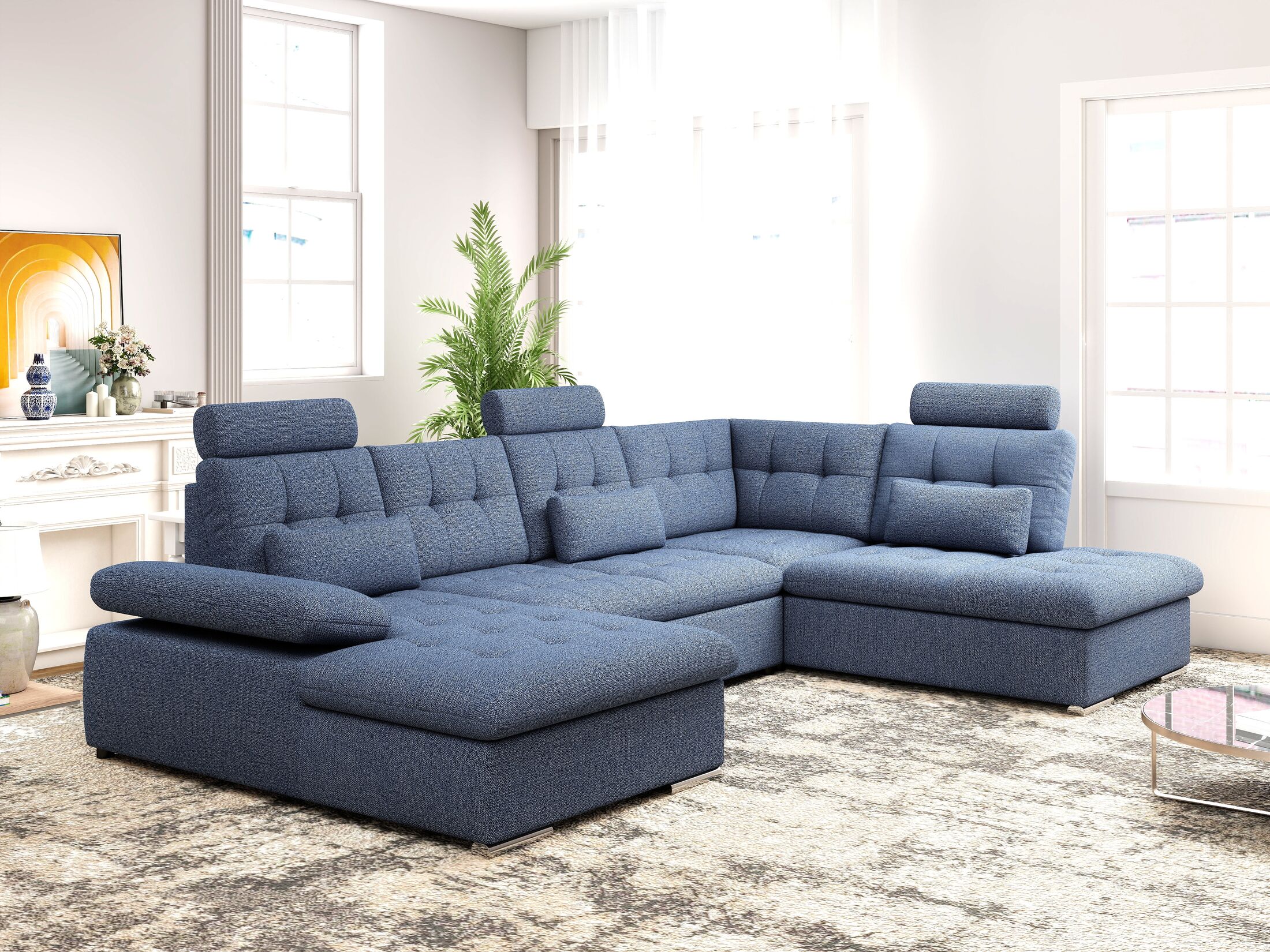 Colțar extensibil dumonde cu ladă de depozitare și șezut confortabil din spumă HR, Merkur U Enjoy Albastru 324x218 cm