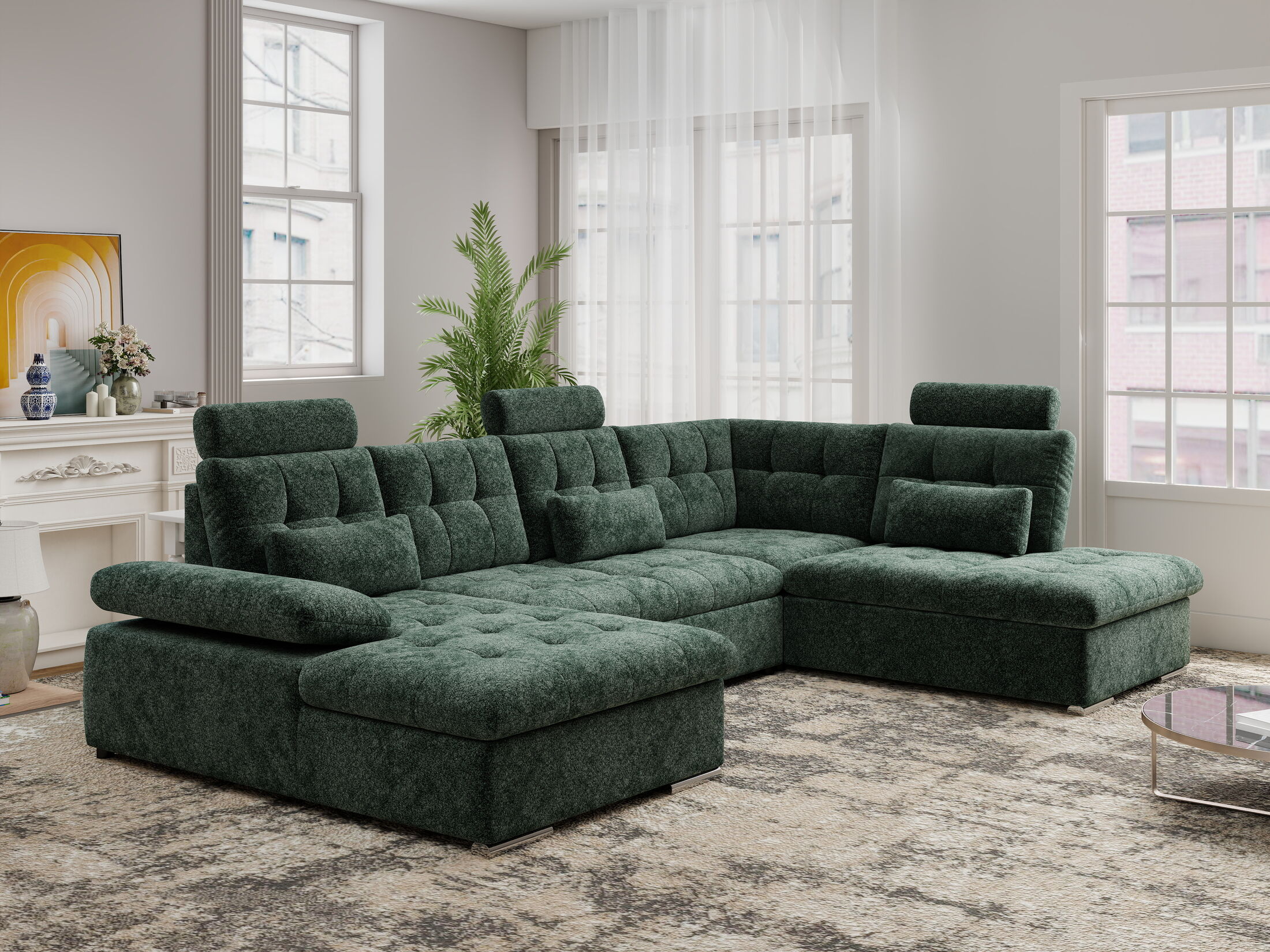 Colțar extensibil dumonde cu ladă de depozitare și șezut confortabil din spumă HR, Merkur U Euphoria Verde 324x218 cm