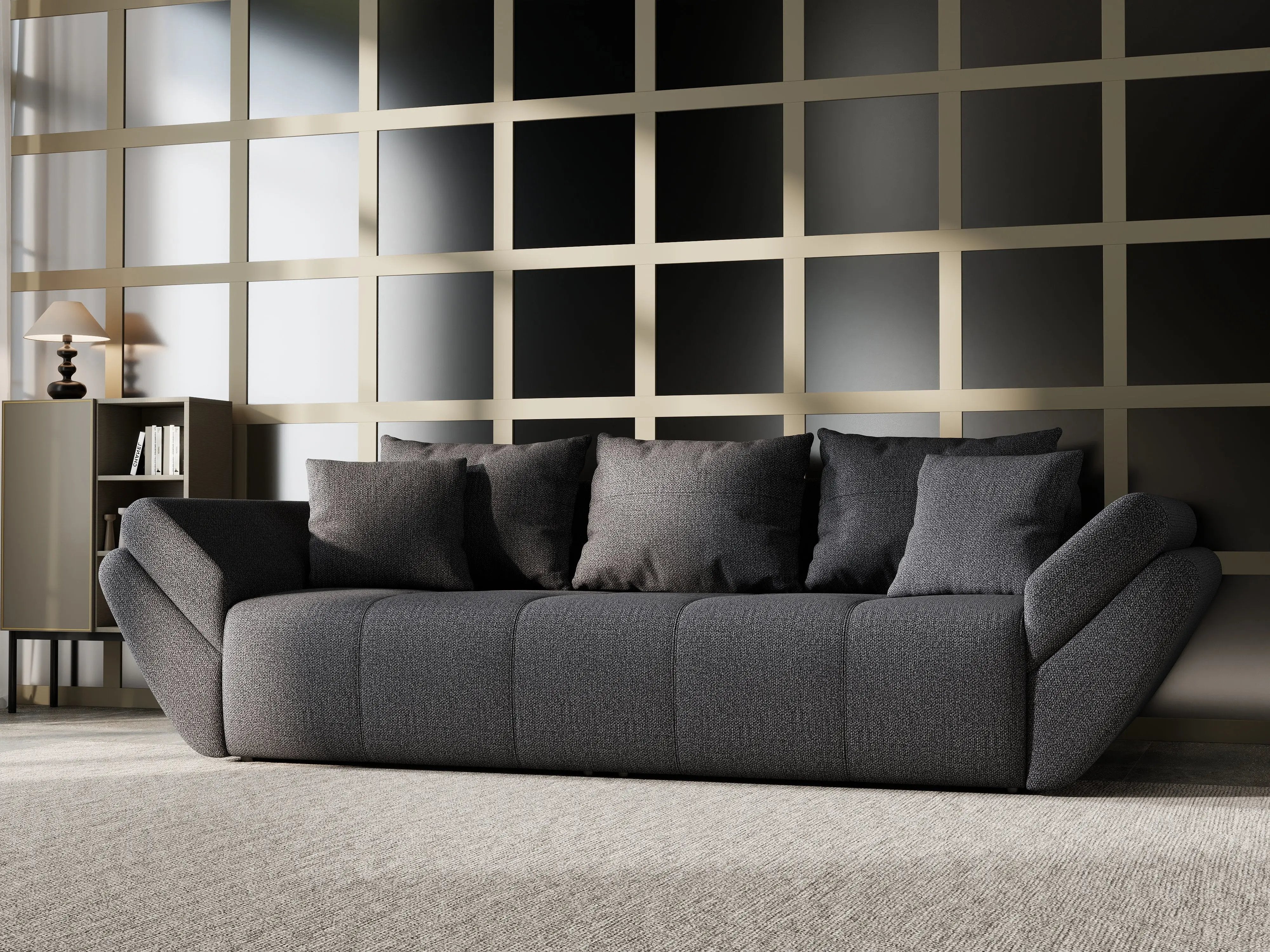 Canapea extensibilă dumonde cu ladă de depozitare si sezut confortabil din spuma HR, Berlin Enjoy Graphite 250x100 cm Fabrica