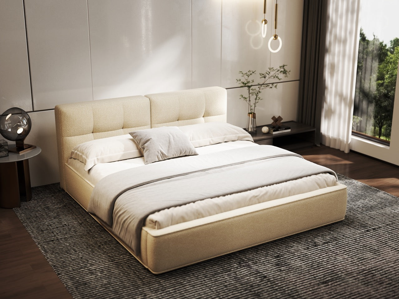 Pat dormitor dumonde, tapitat bej, Madrid 160x200 cm, somiera rabatabila inclusa, spatiu depozitare WLS