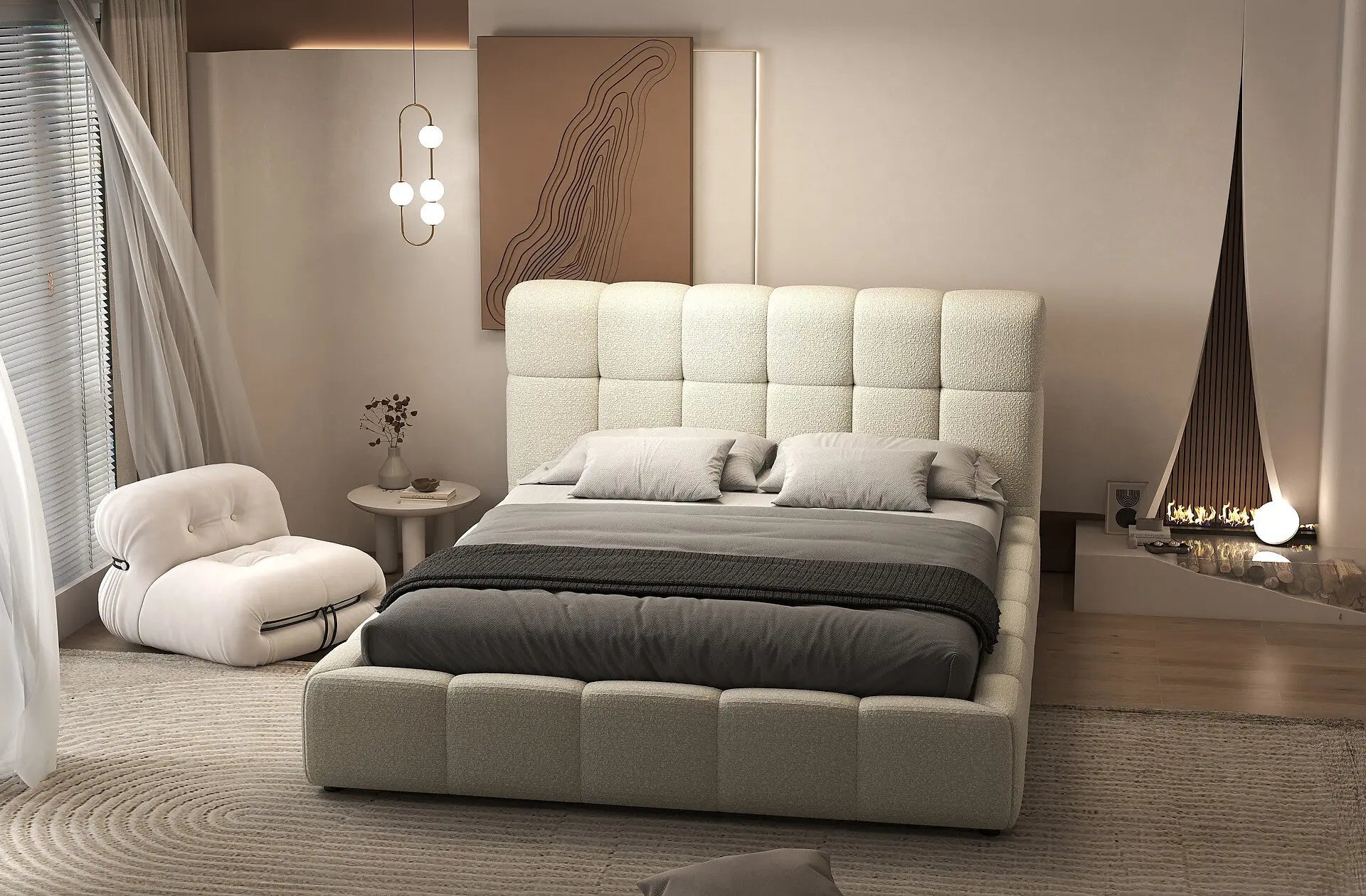 Pat dormitor dumonde, tapitat bej, Lorenzo 160x200 cm, somiera rabatabila inclusa, spatiu depozitare WLS