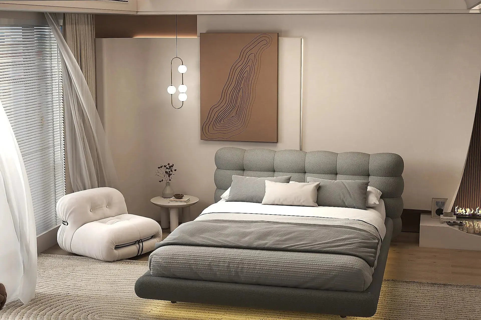 Pat dormitor dumonde, tapitat gri cu LED, "floating bed" Cloud 160x200 cm, somiera inclusa WLS