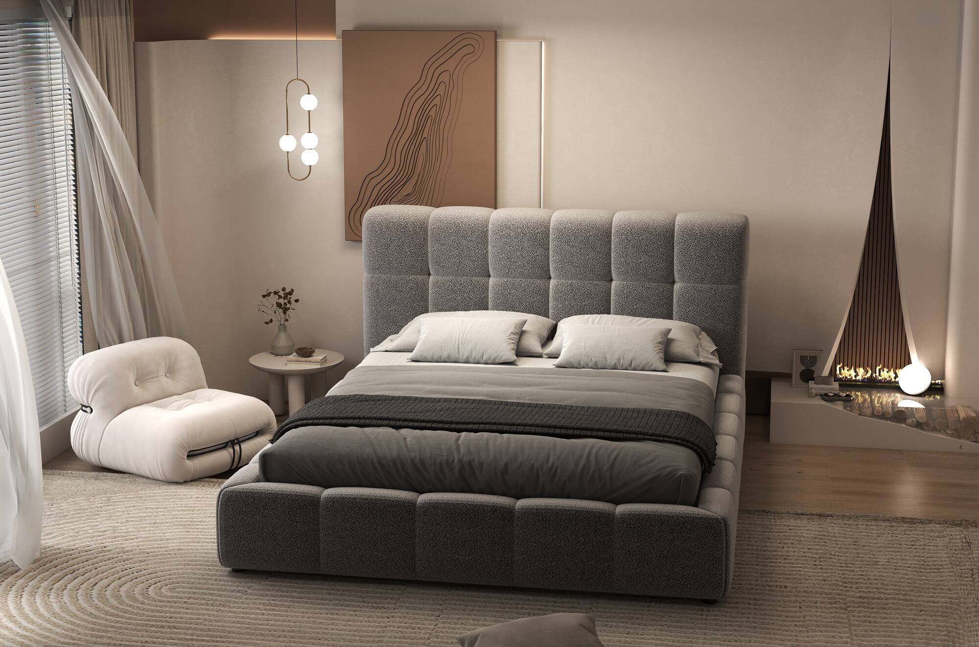 Pat dormitor dumonde, tapitat gri, Lorenzo 180X200 cm, somiera rabatabila inclusa, spatiu depozitare