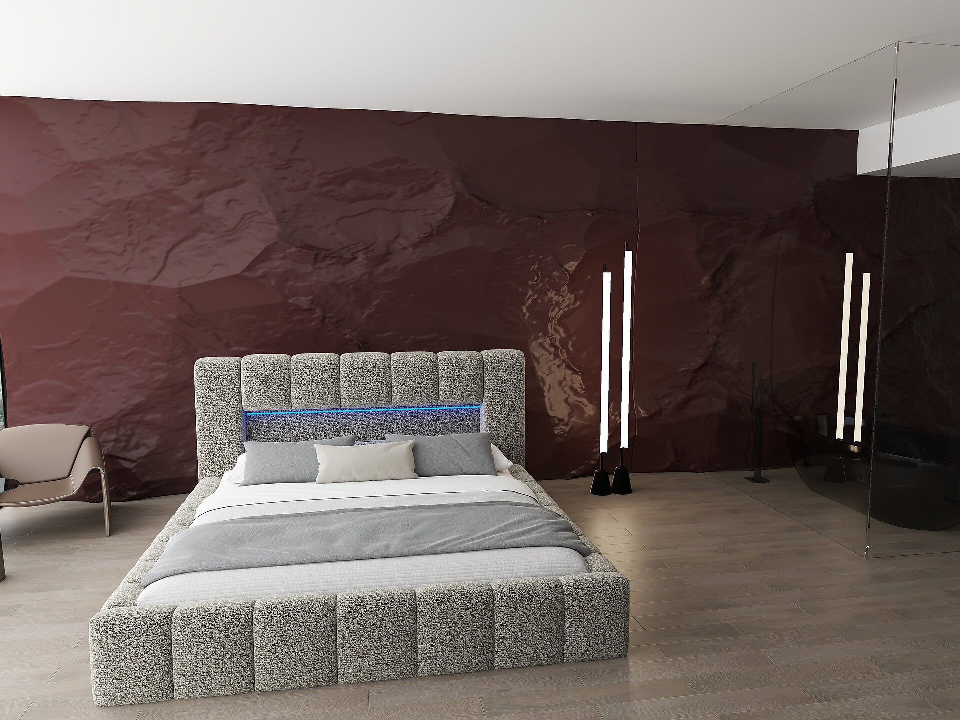 Pat dormitor dumonde, tapitat bej cu LED si USB, Palermo 160x200 cm, somiera rabatabila inclusa, spatiu depozitare