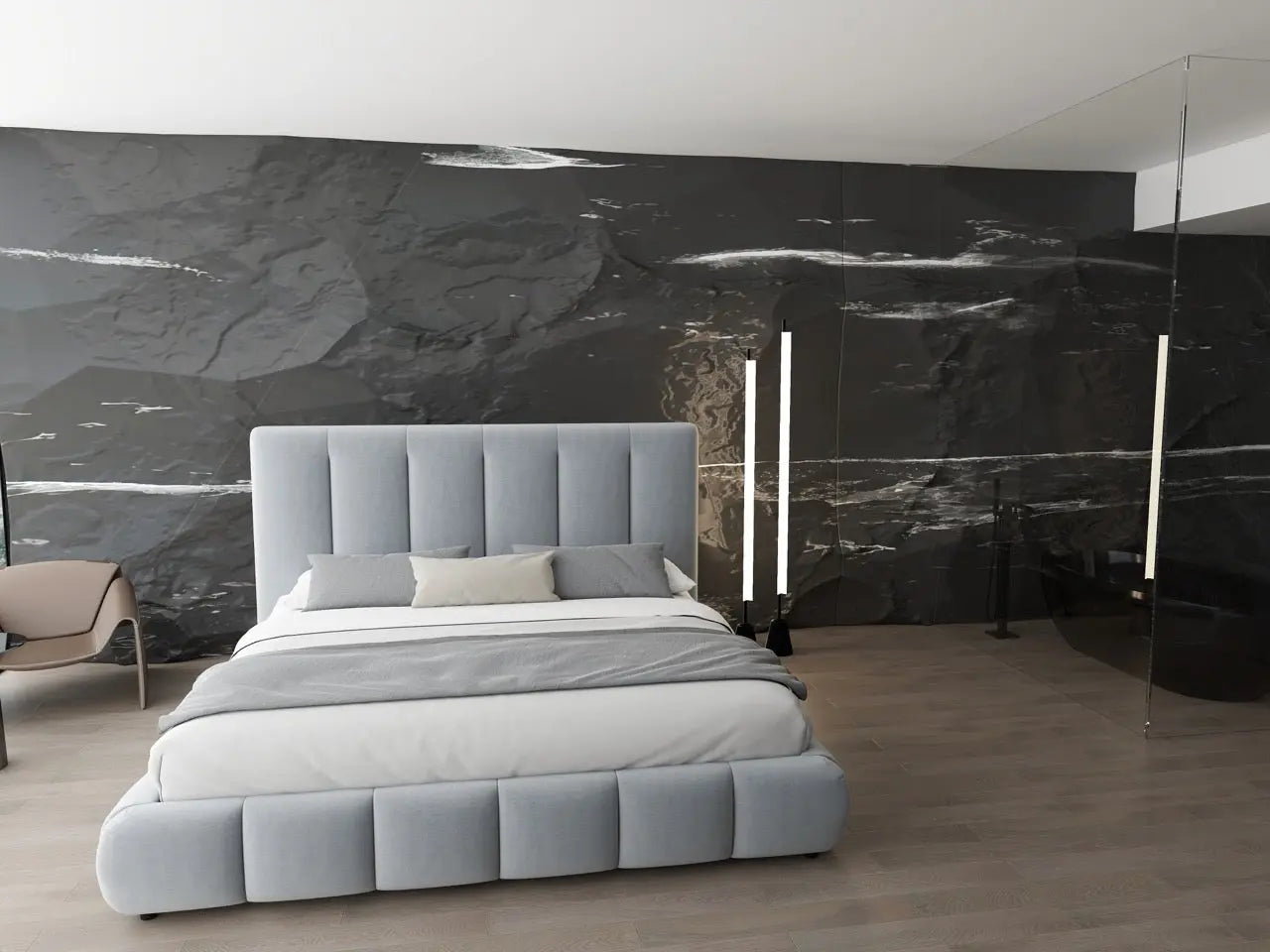 Pat dormitor dumonde, tapitat gri, Divaneo 180x200 cm, somiera rabatabila inclusa, spatiu depozitare WLS