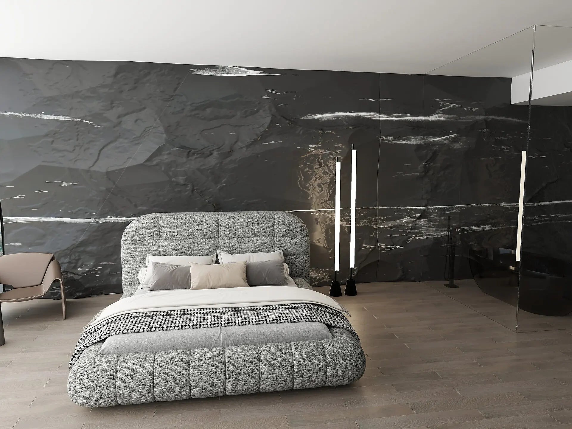 Pat dormitor dumonde, tapitat gri, Senso 180x200 cm, somiera rabatabila inclusa, spatiu depozitare WLS