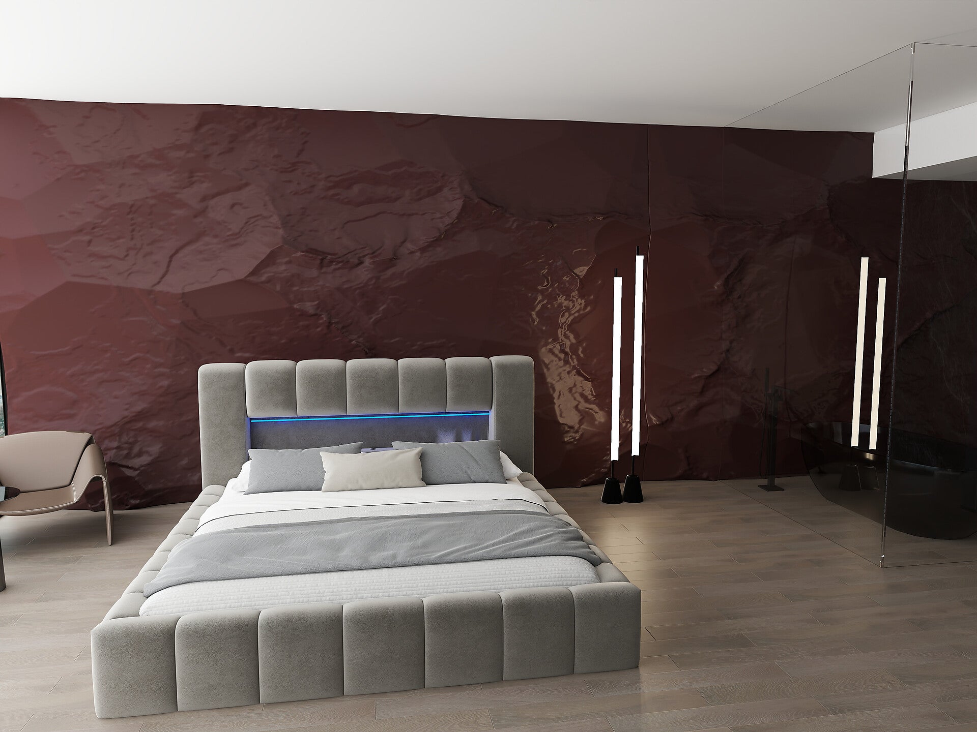 Pat dormitor dumonde, tapitat bej cu LED si USB, Palermo 140x200 cm, somiera rabatabila inclusa, spatiu depozitare