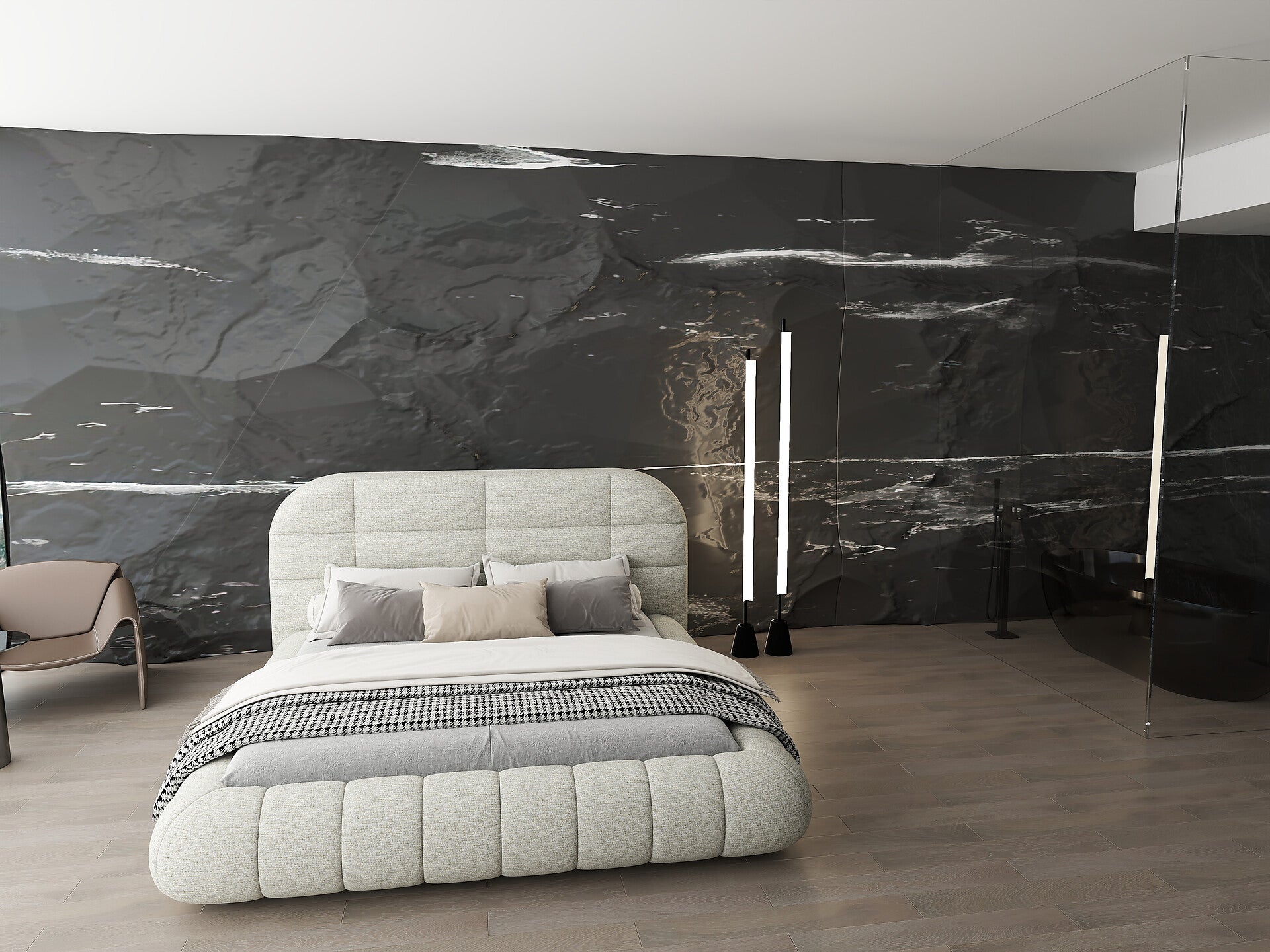 Pat dormitor dumonde, tapitat bej, Senso 180x200 cm, somiera rabatabila inclusa, spatiu depozitare