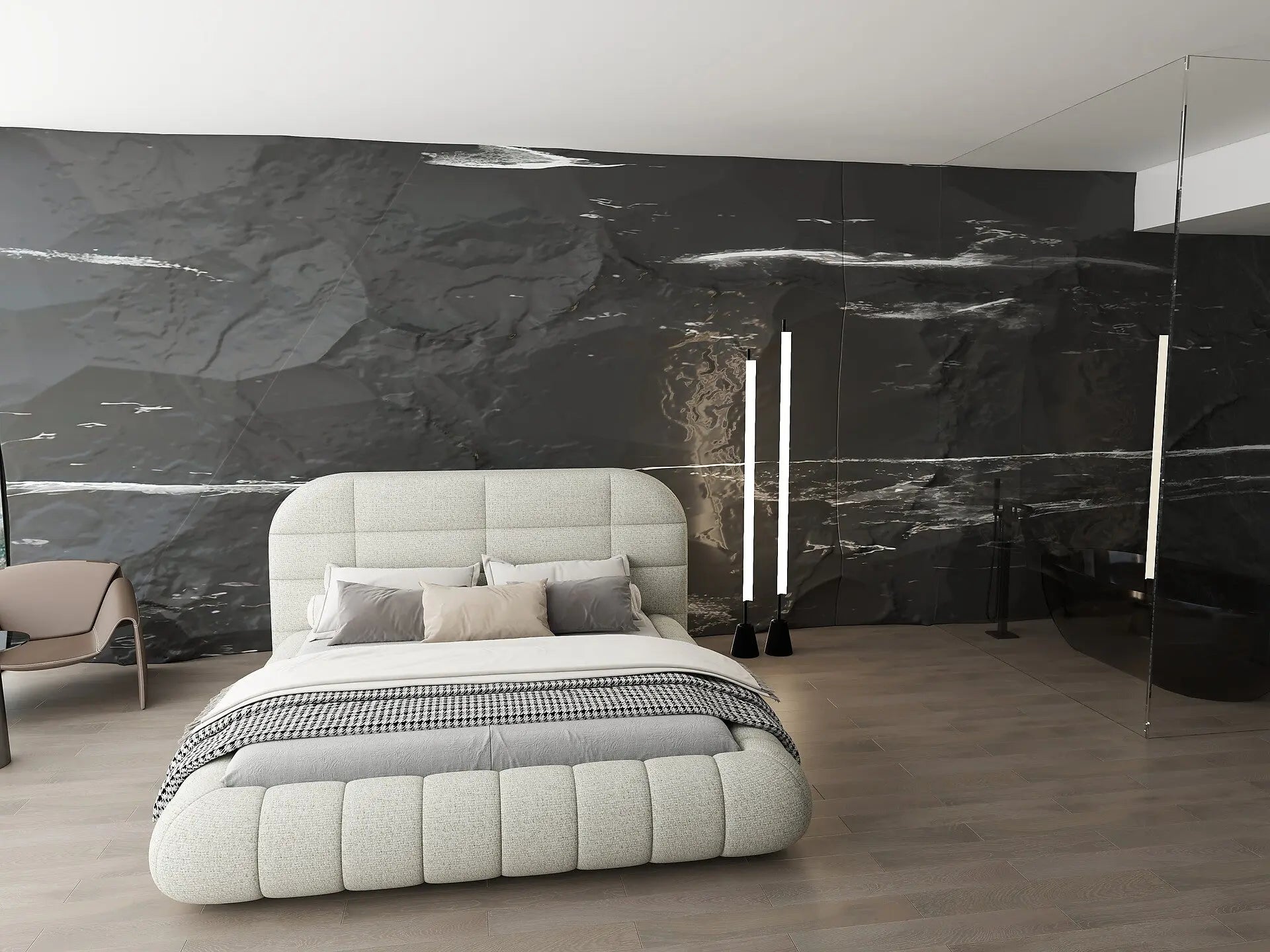 Pat dormitor dumonde, tapitat bej, Senso 180x200 cm, somiera rabatabila inclusa, spatiu depozitare WLS