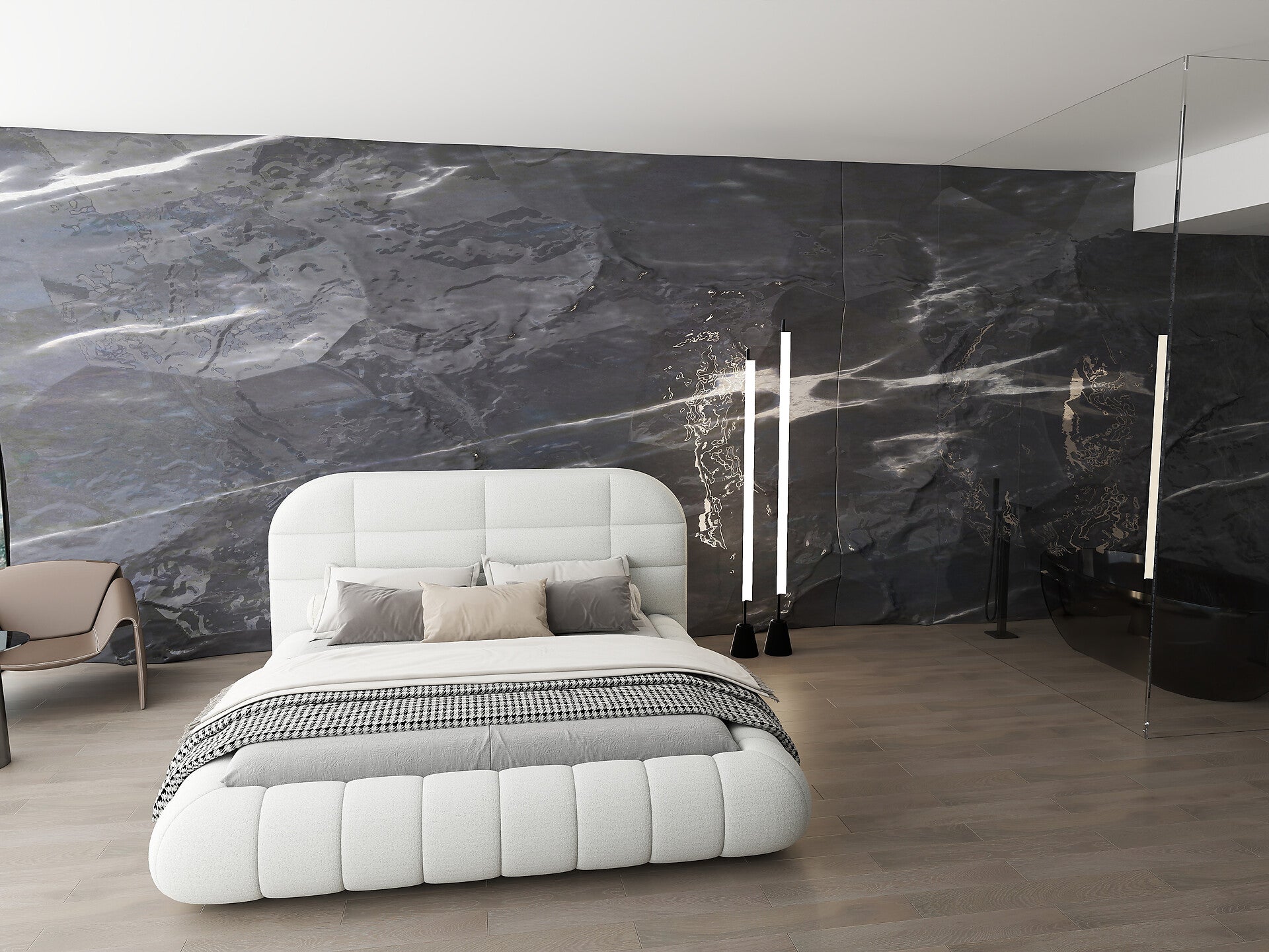 Pat dormitor dumonde, tapitat alb, Senso 160x200 cm, somiera rabatabila inclusa, spatiu depozitare