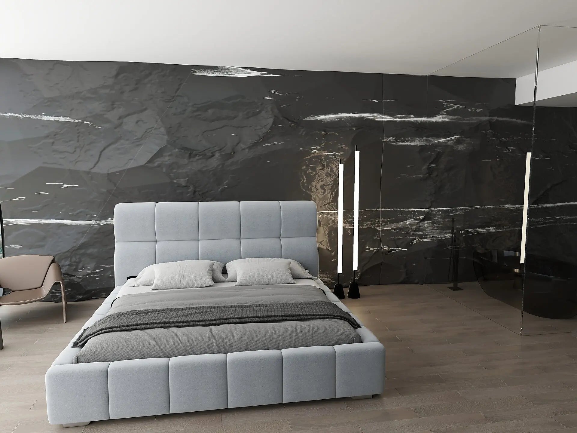 Pat dormitor dumonde, tapitat gri, Prestige 160x200 cm, somiera rabatabila inclusa, spatiu depozitare WLS