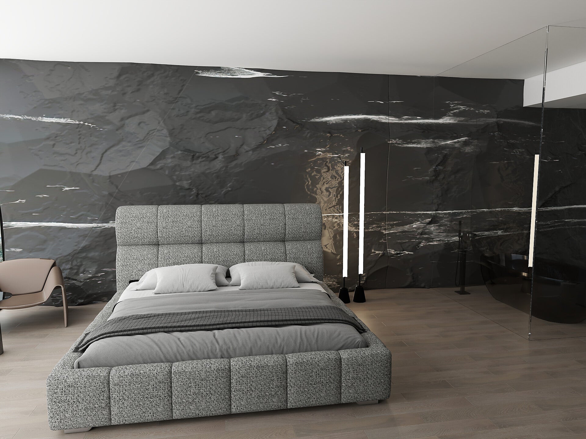 Pat dormitor dumonde, tapitat bej, Prestige 180x200 cm, somiera rabatabila inclusa, spatiu depozitare