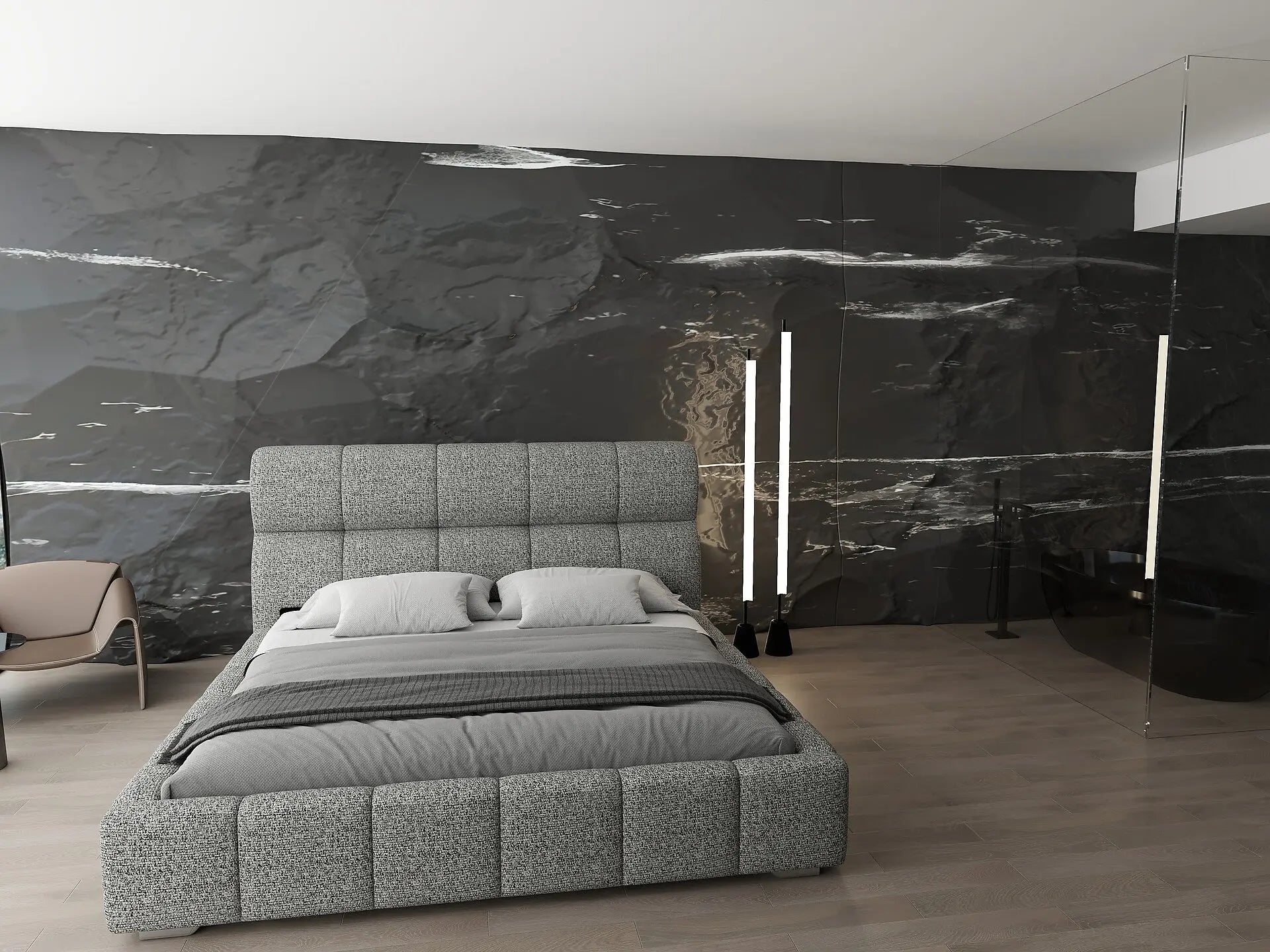 Pat dormitor dumonde, tapitat bej, Prestige 180x200 cm, somiera rabatabila inclusa, spatiu depozitare WLS