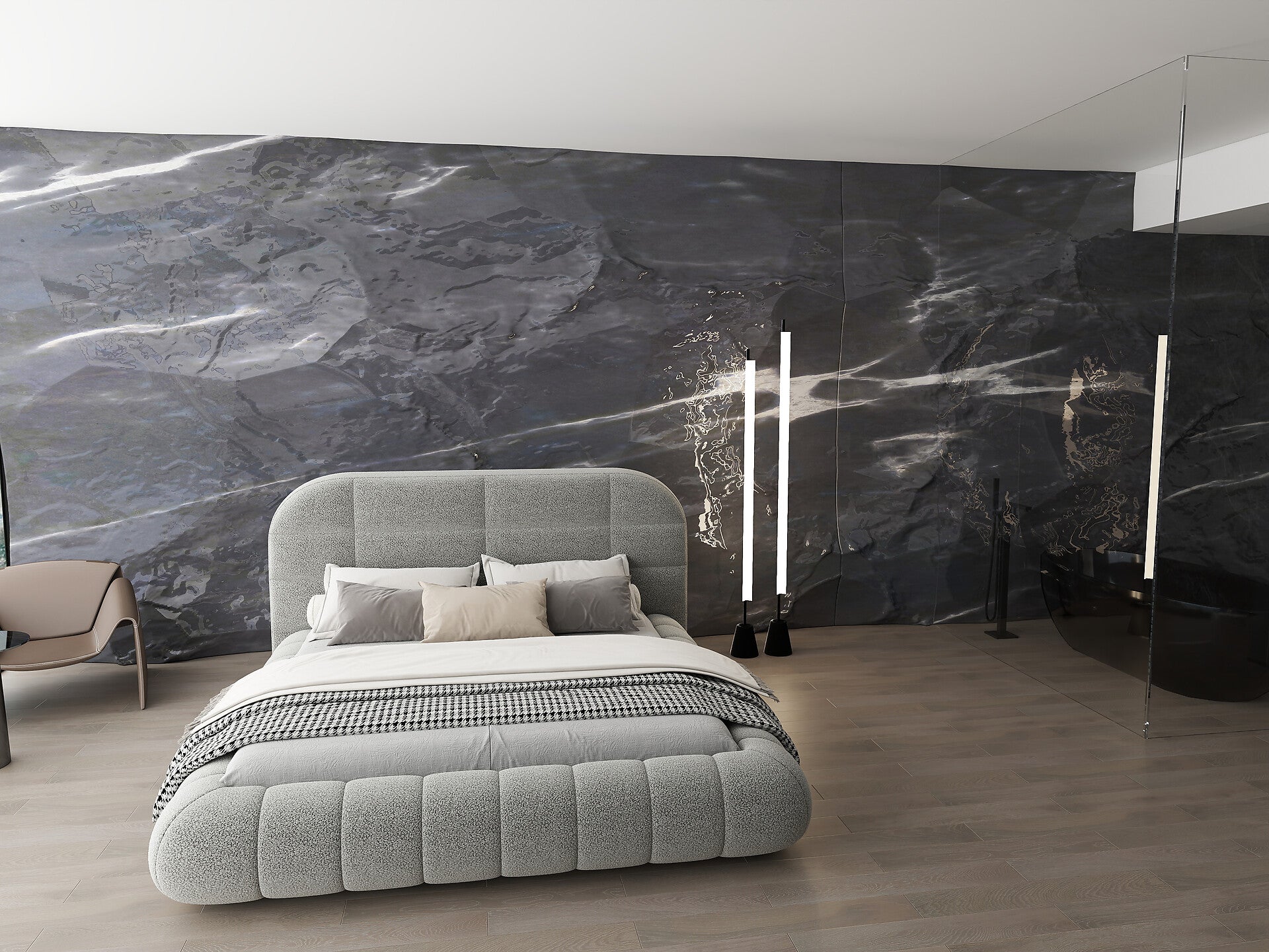 Pat dormitor dumonde, tapitat gri, Senso 160x200 cm, somiera rabatabila inclusa, spatiu depozitare