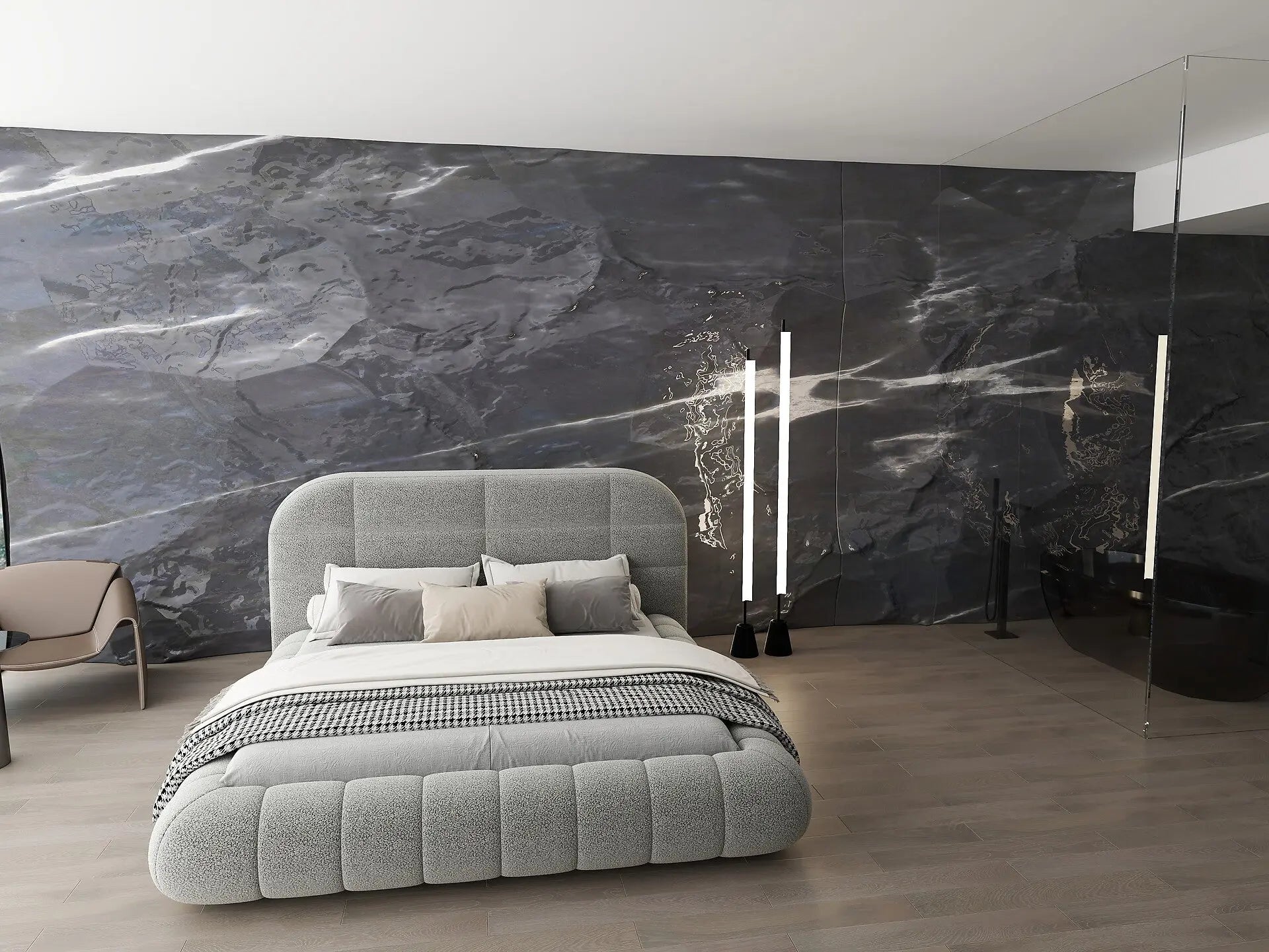 Pat dormitor dumonde, tapitat gri, Senso 160x200 cm, somiera rabatabila inclusa, spatiu depozitare WLS