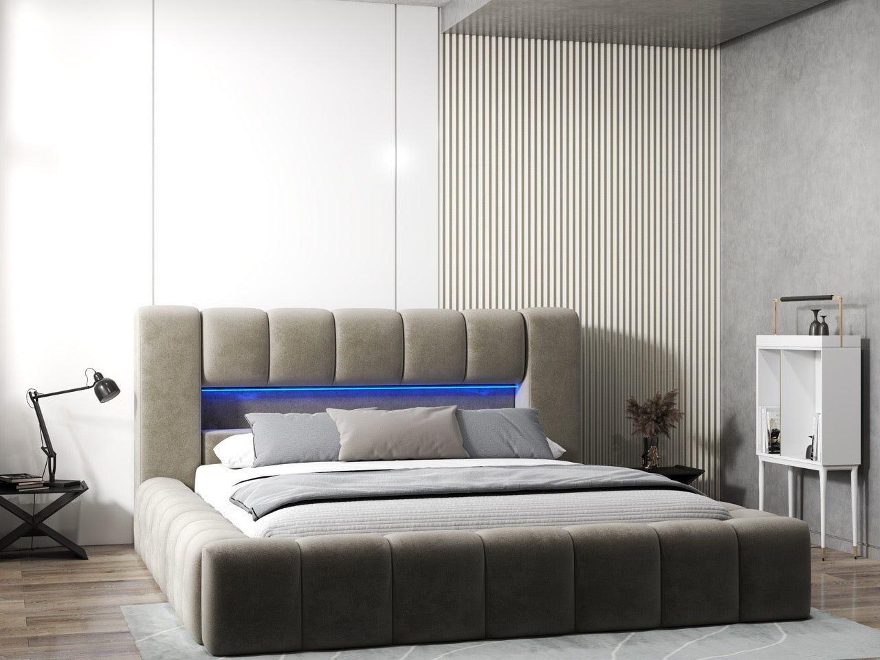 Pat dormitor dumonde, tapitat bej cu LED si USB, Palermo 160x200 cm, somiera rabatabila inclusa, spatiu depozitare WLS