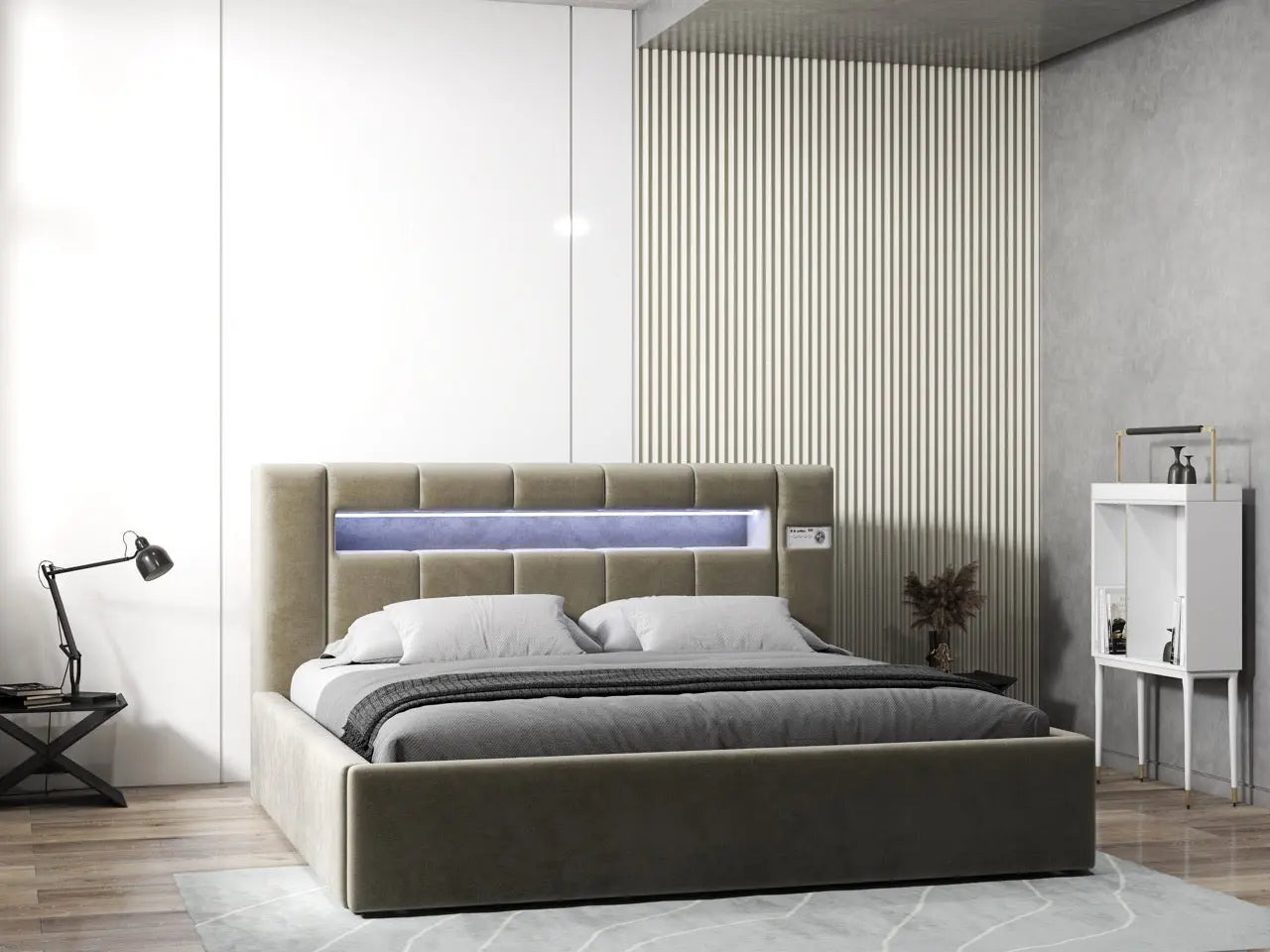 Pat dormitor dumonde, tapitat bej, Glow 160x200 cm, somiera rabatabila inclusa, spatiu depozitare WLS