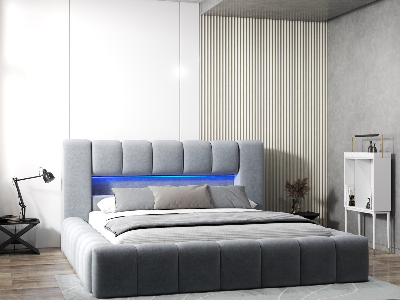 Pat dormitor dumonde, tapitat gri cu LED si USB, Palermo 160x200 cm, somiera rabatabila inclusa, spatiu depozitare WLS