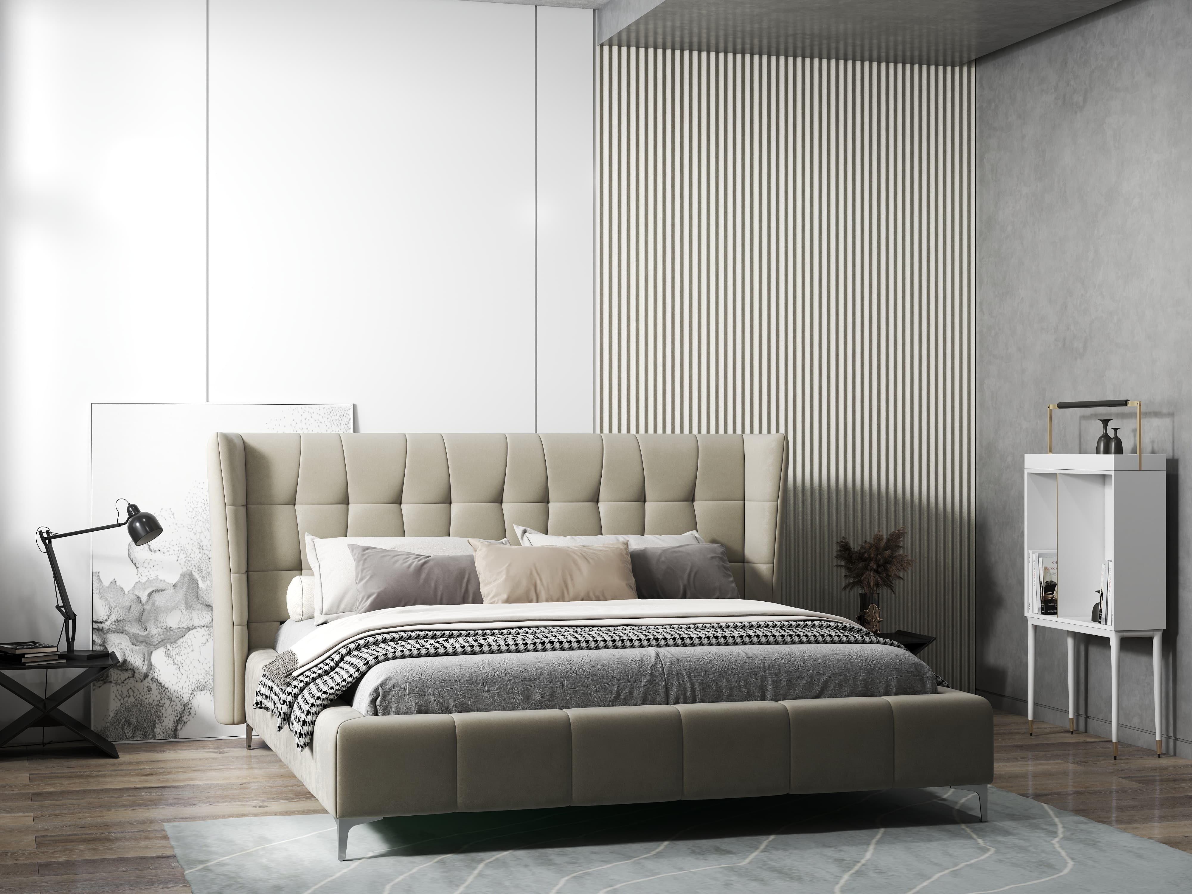 Pat dormitor dumonde, tapitat bej, Bellagio 180x200 cm, somiera fixa inclusa WLS