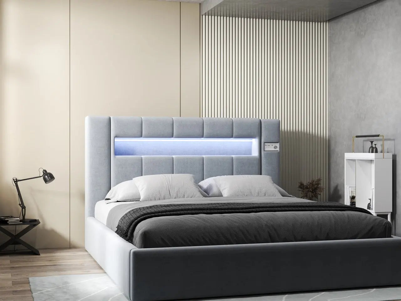 Pat dormitor dumonde, tapitat gri, Glow 180x200 cm, somiera rabatabila inclusa, spatiu depozitare WLS