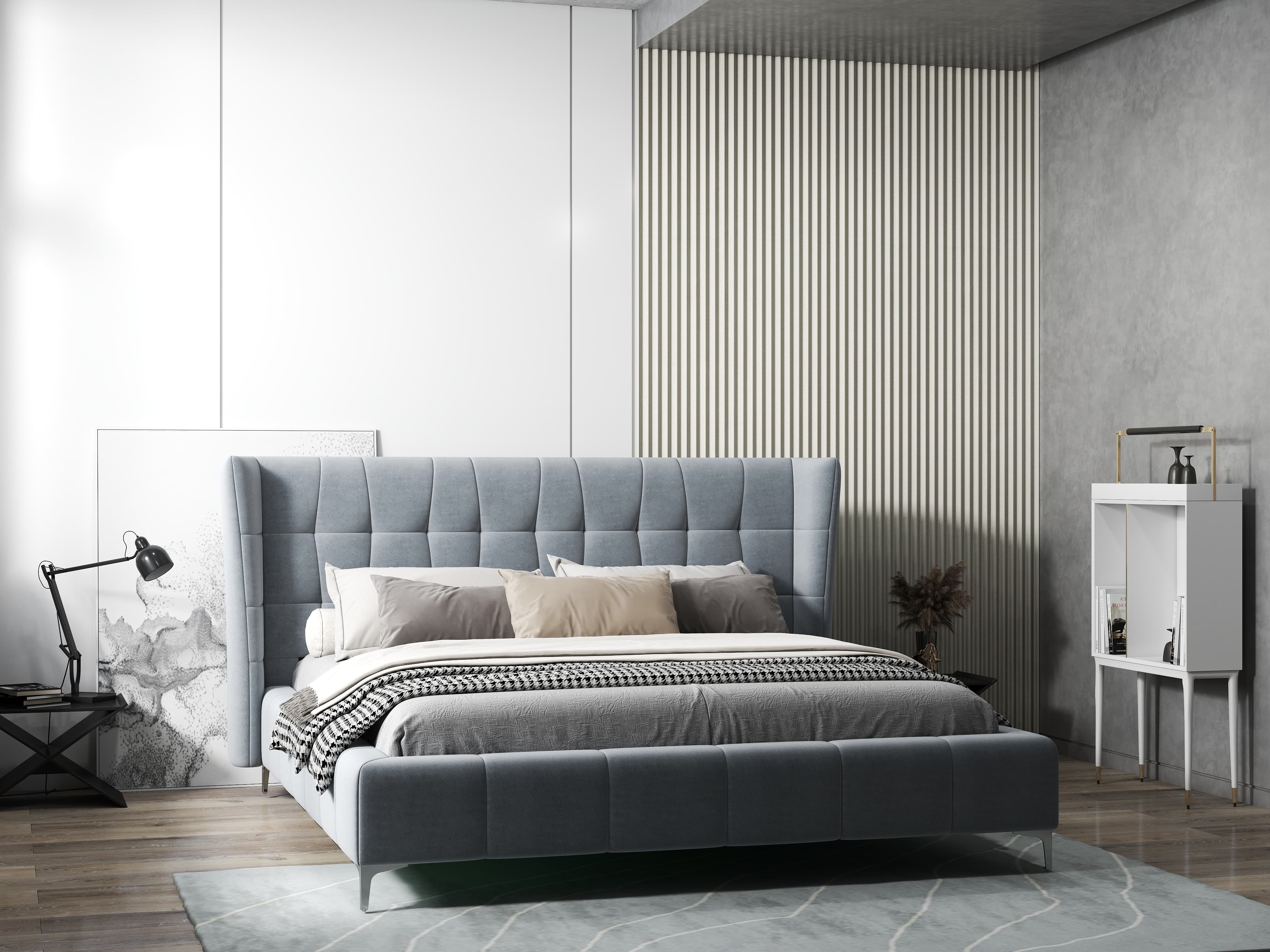 Pat dormitor dumonde, tapitat gri, Bellagio 160x200 cm, somiera fixa inclusa WLS