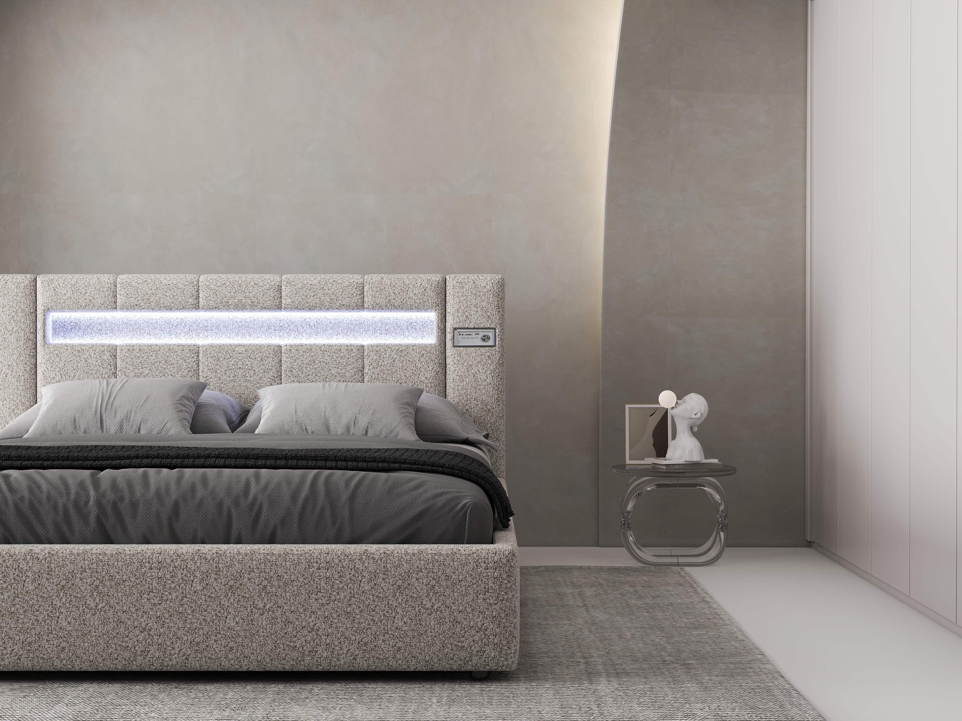 Pat dormitor dumonde, tapitat bej, Glow 160x200 cm, somiera rabatabila inclusa, spatiu depozitare WLS