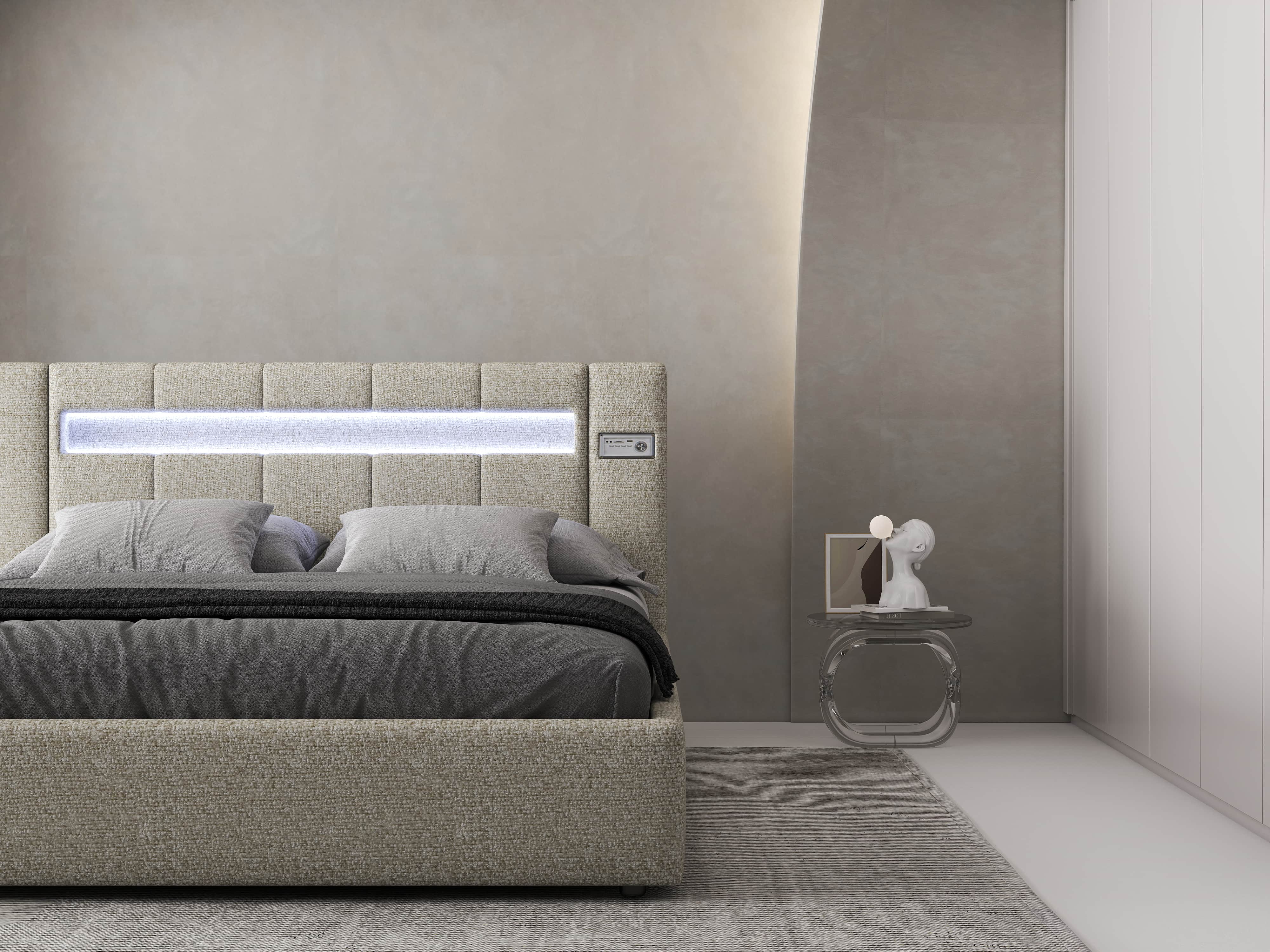 Pat dormitor dumonde, tapitat gri, Glow 180x200 cm, somiera rabatabila inclusa, spatiu depozitare WLS
