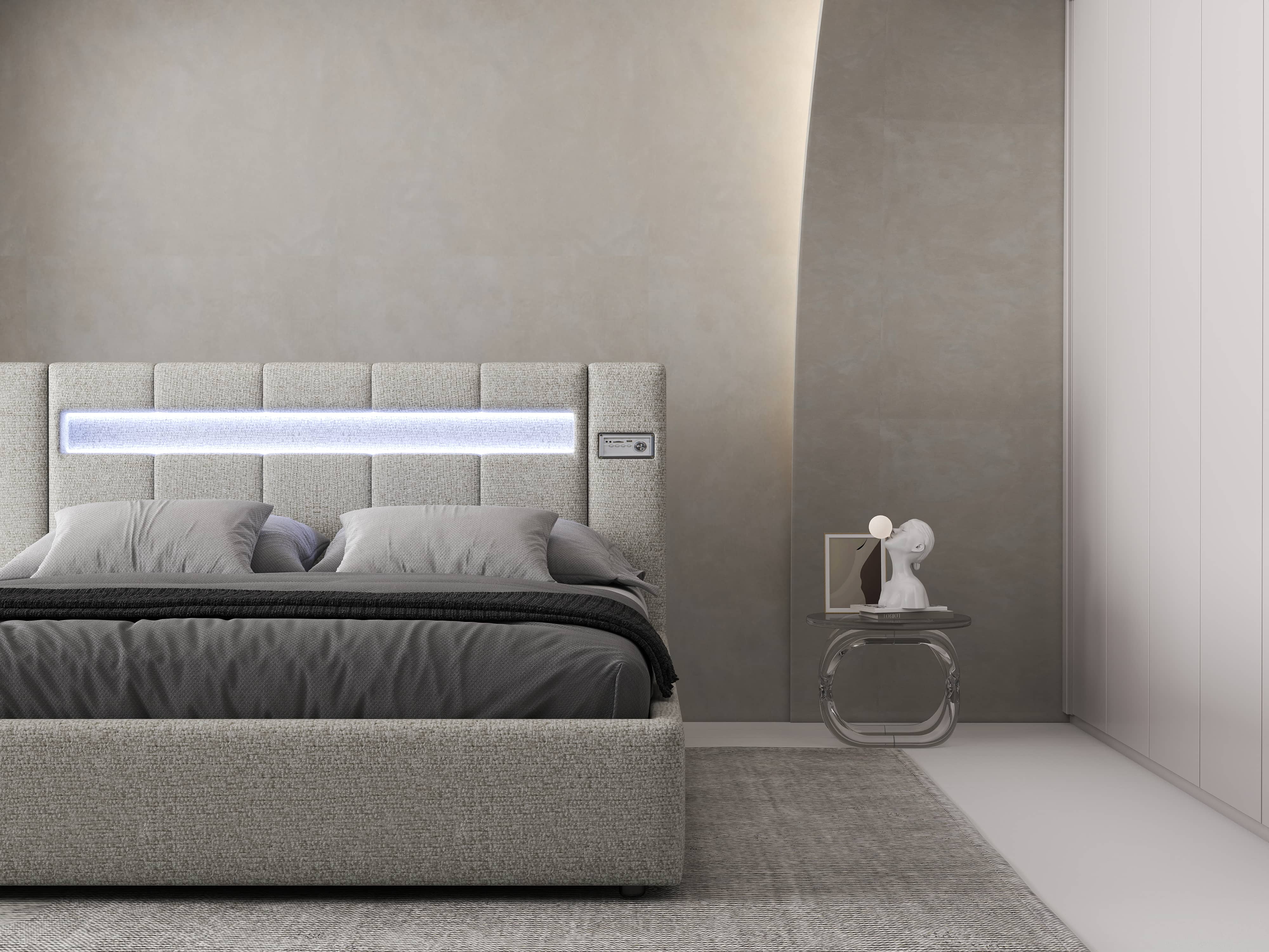 Pat dormitor dumonde, tapitat gri, Glow 160x200 cm, somiera rabatabila inclusa, spatiu depozitare WLS