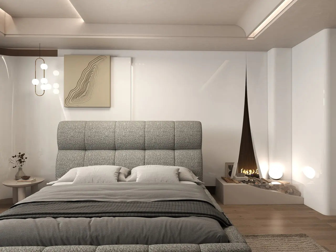 Pat dormitor dumonde, tapitat bej, Prestige 180x200 cm, somiera rabatabila inclusa, spatiu depozitare WLS